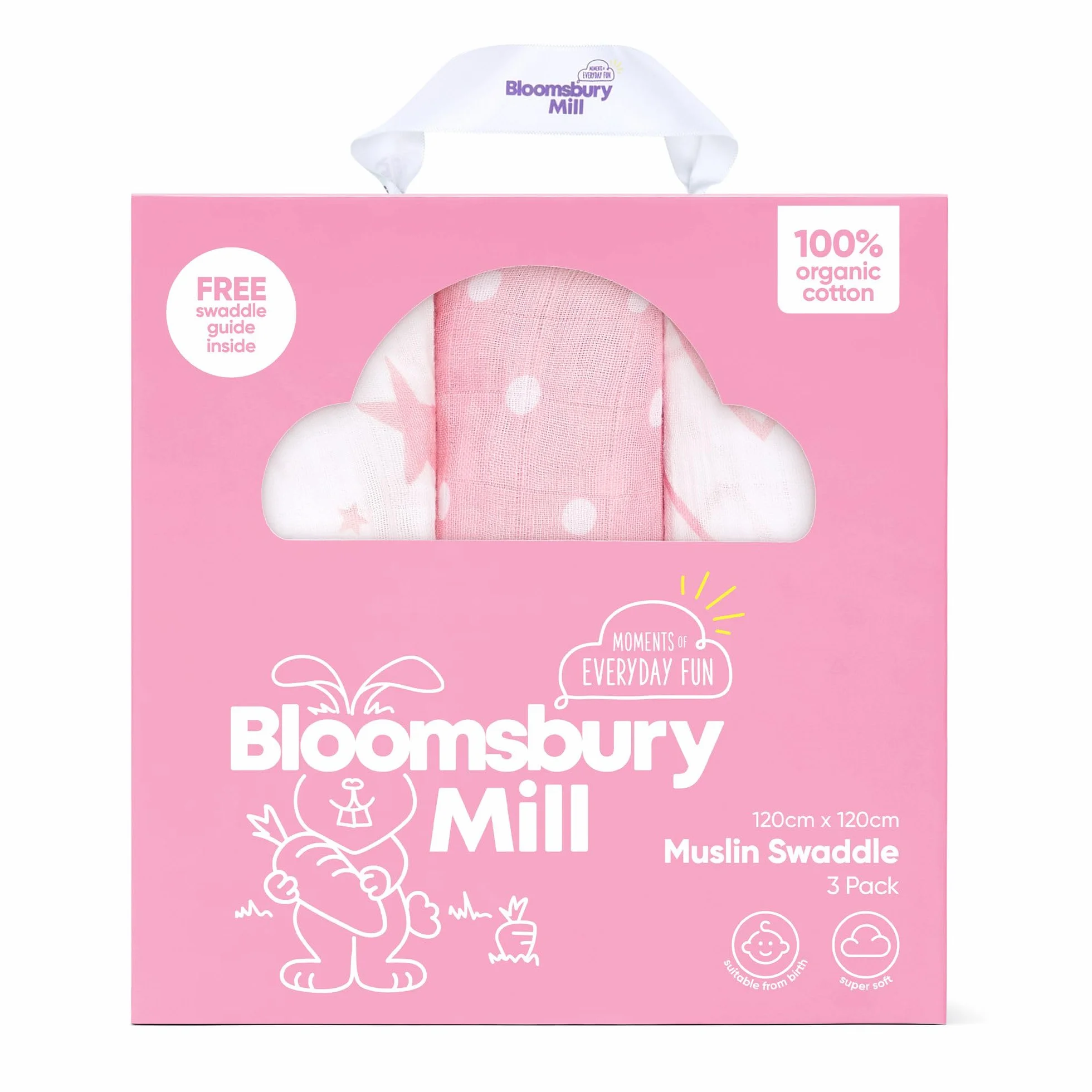 Bloomsbury Mill Confezione da 3 fasce in mussola 100% puro cotone biologico 120cm x 120cm rosa e bianco