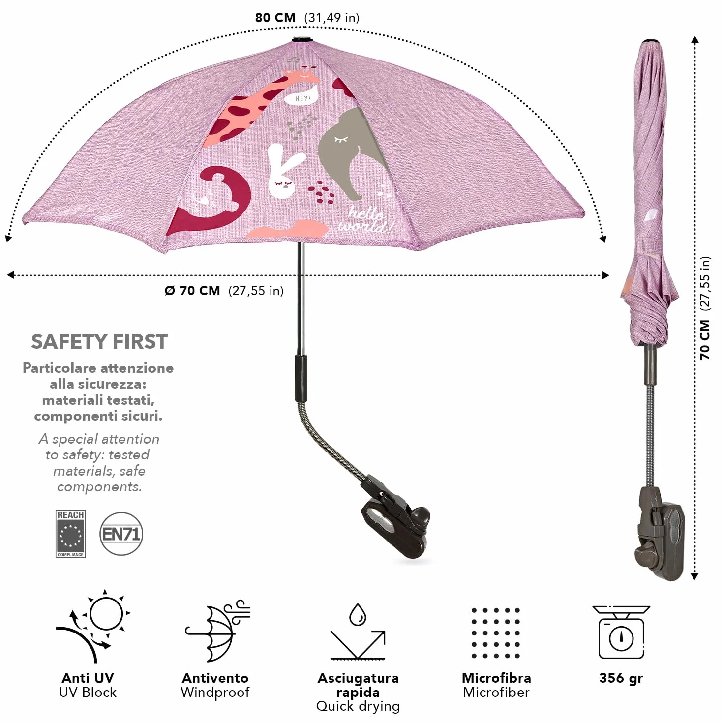 PERLETTI Parasole Universale Anti UV Ombrello Passeggino Bambino Neonato Stampa Animali