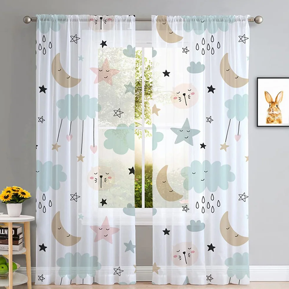 Hiseng Tende Voile Trasparenti Sheer 140x245cm Nuvole e stelle per Finestra Soggiorno
