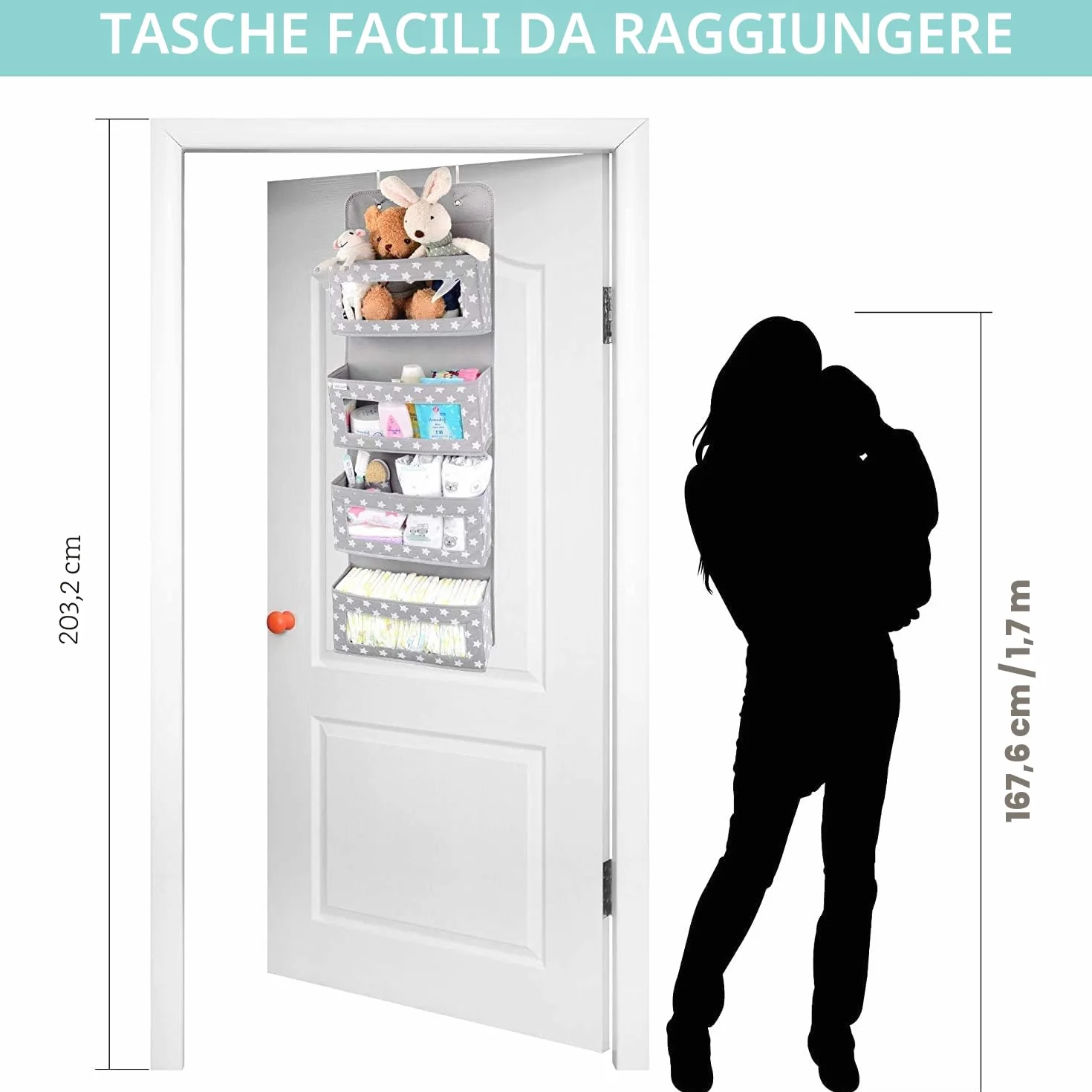 Vesta Baby Organizzatore Appeso da Porta con Ganci - Unisex Salvaspazio Soluzione con 4 Tasche Portaoggetti con Finestra Trasparente per Bagno, Cameretta - 2 Tasche di Servizio per Oggetti Piccoli