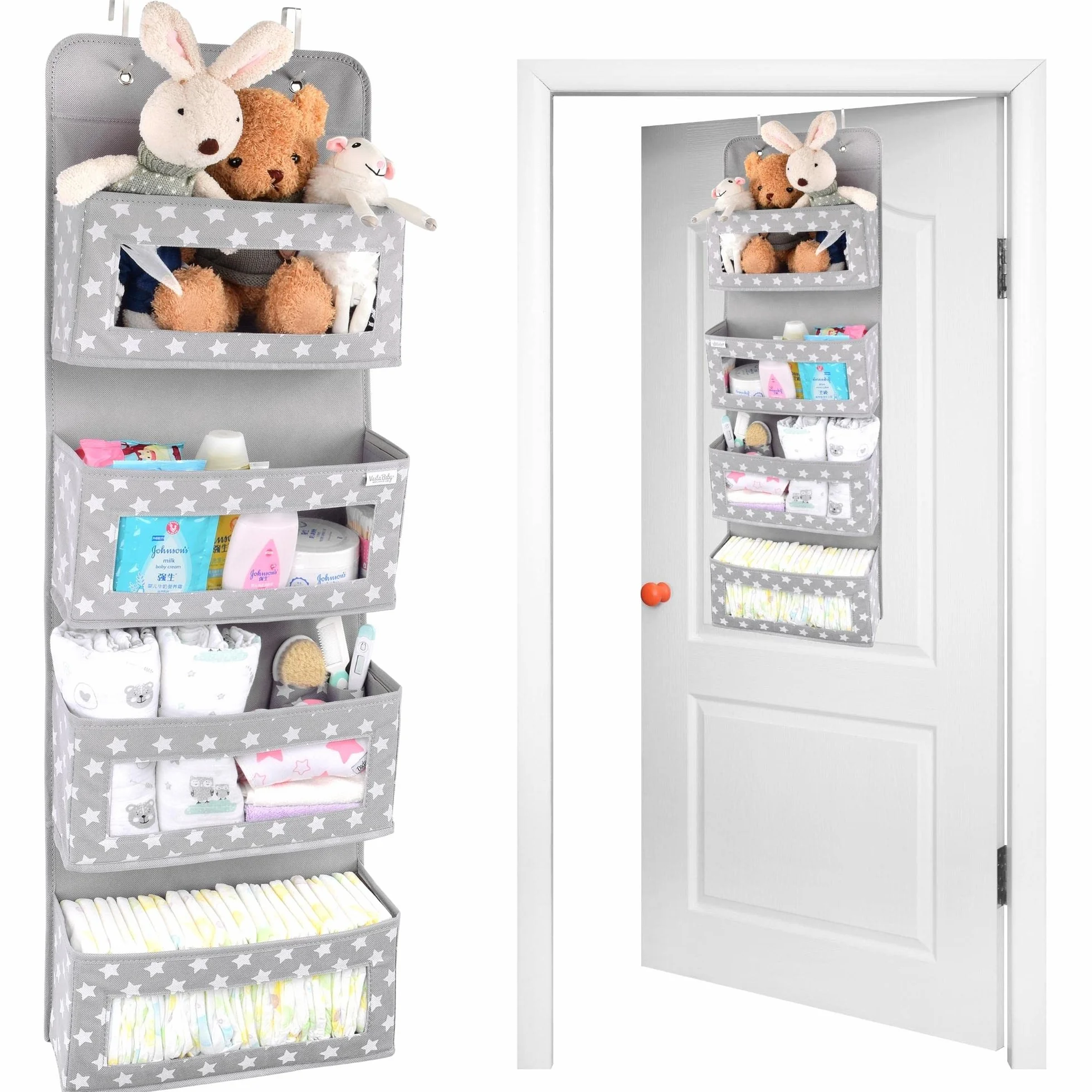 Vesta Baby Organizzatore Appeso da Porta con Ganci - Unisex Salvaspazio Soluzione con 4 Tasche Portaoggetti con Finestra Trasparente per Bagno, Cameretta - 2 Tasche di Servizio per Oggetti Piccoli