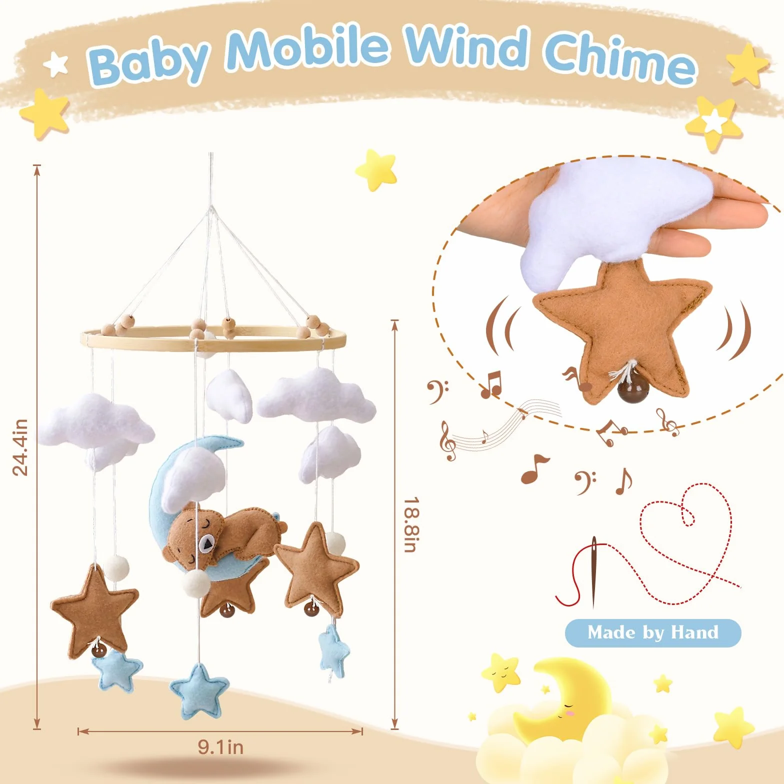 Baby Campanelli Eolici Mobile in Feltro Giostrina Culla Neonato Legno Orso Nuvole Luna Stelle Campane Decorazione Regali Neonati