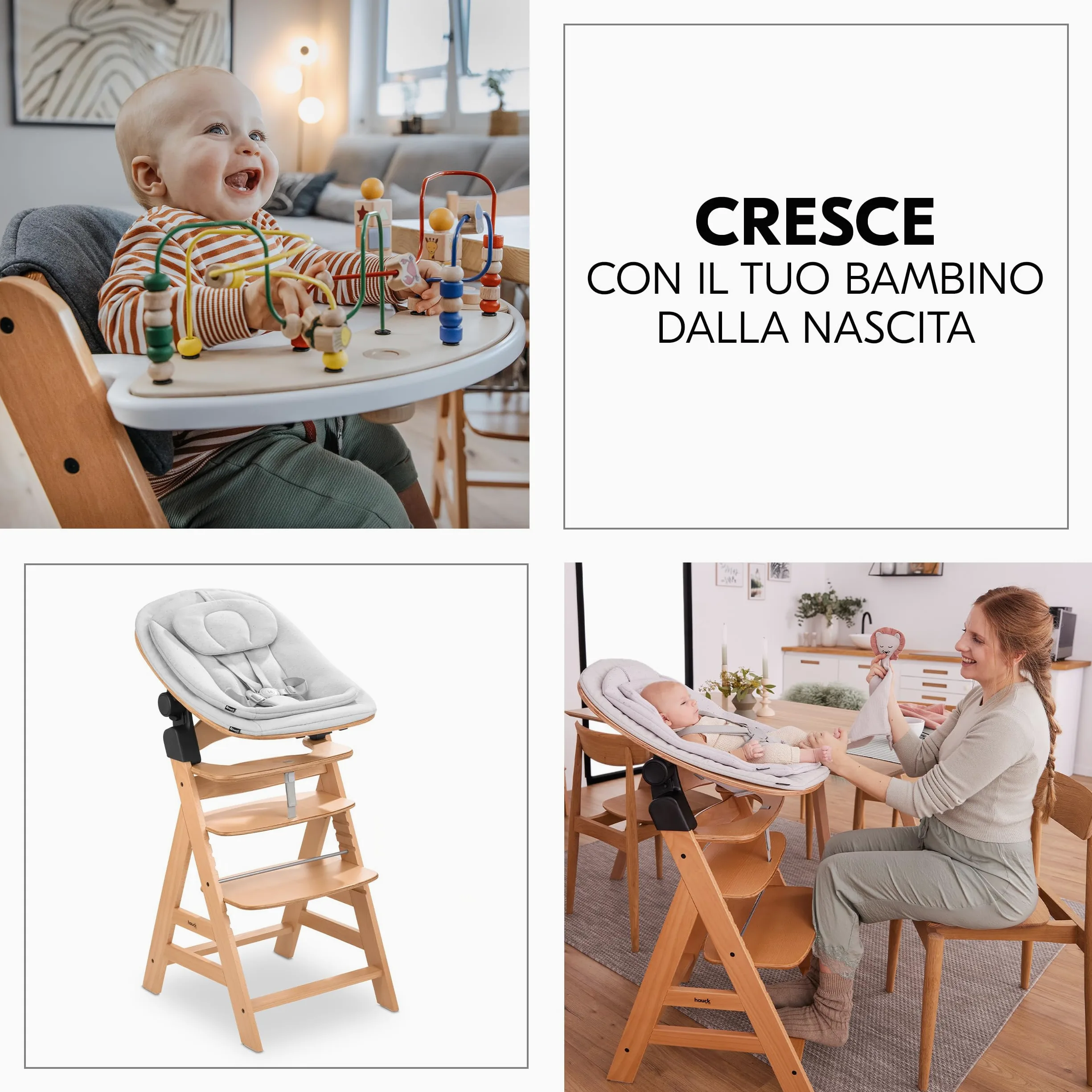 hauck Seggiolone Alpha+ Newborn Set Eco Bouncer - Seggiolone Pappa Bimbi in Legno dalla Nascita con Sdraietta Neonato 2in1 Regolabile e Cuscino - Naturale