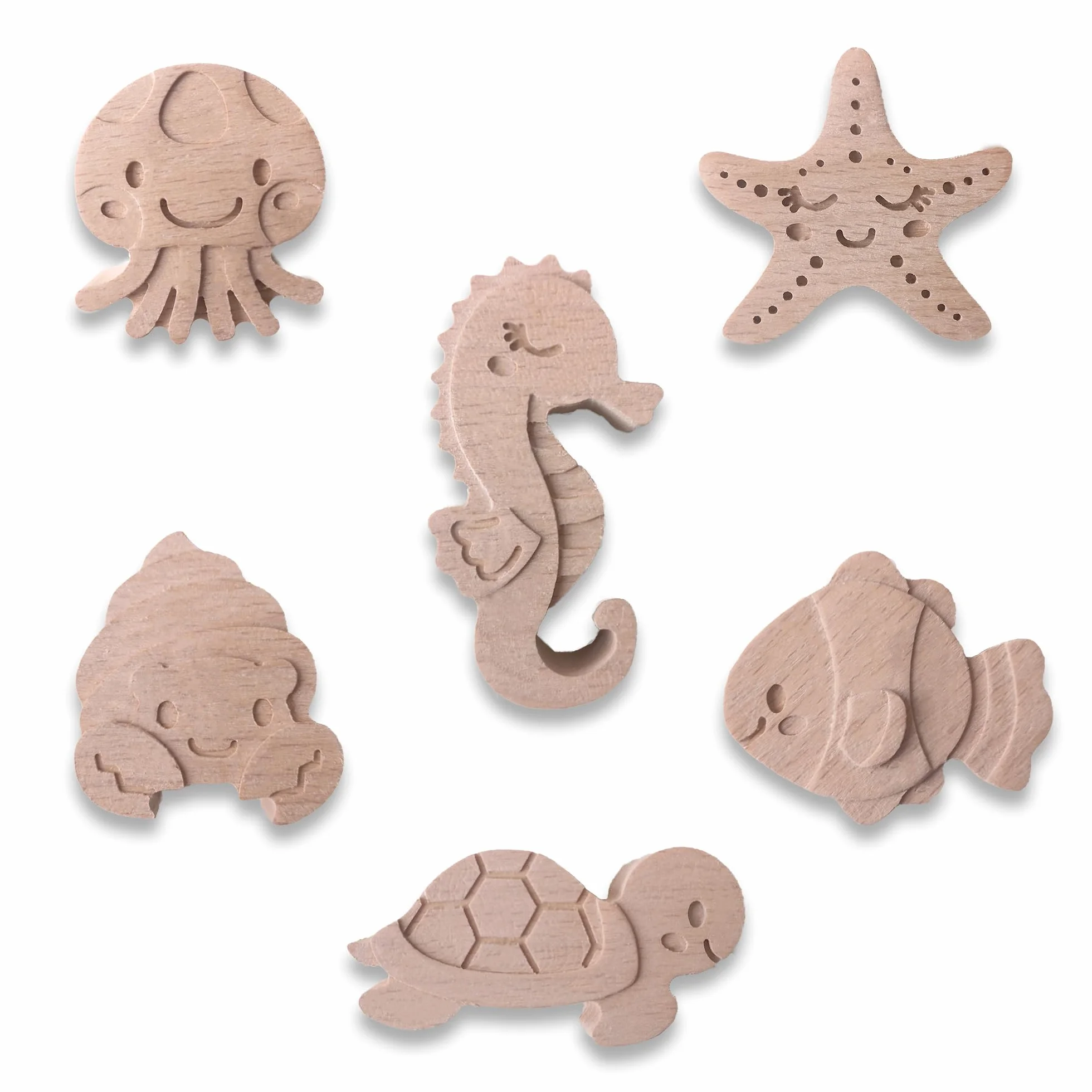 Pomelli per camerette Coffelli (animali marini, confezione da 6) pomelli in legno per cassettiere o guardaroba per bambini, in legno di faggio