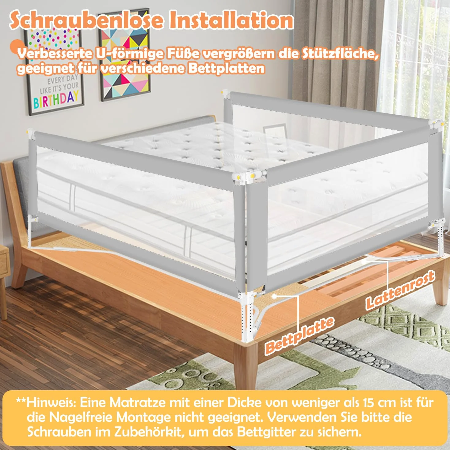 Griglia per letto 200 cm x 2 + 150 cm x 1, pieghevole con base a forma di U, griglia di protezione per lettino, altezza regolabile 68-95 cm, per bambini e letti dei genitori, grigio