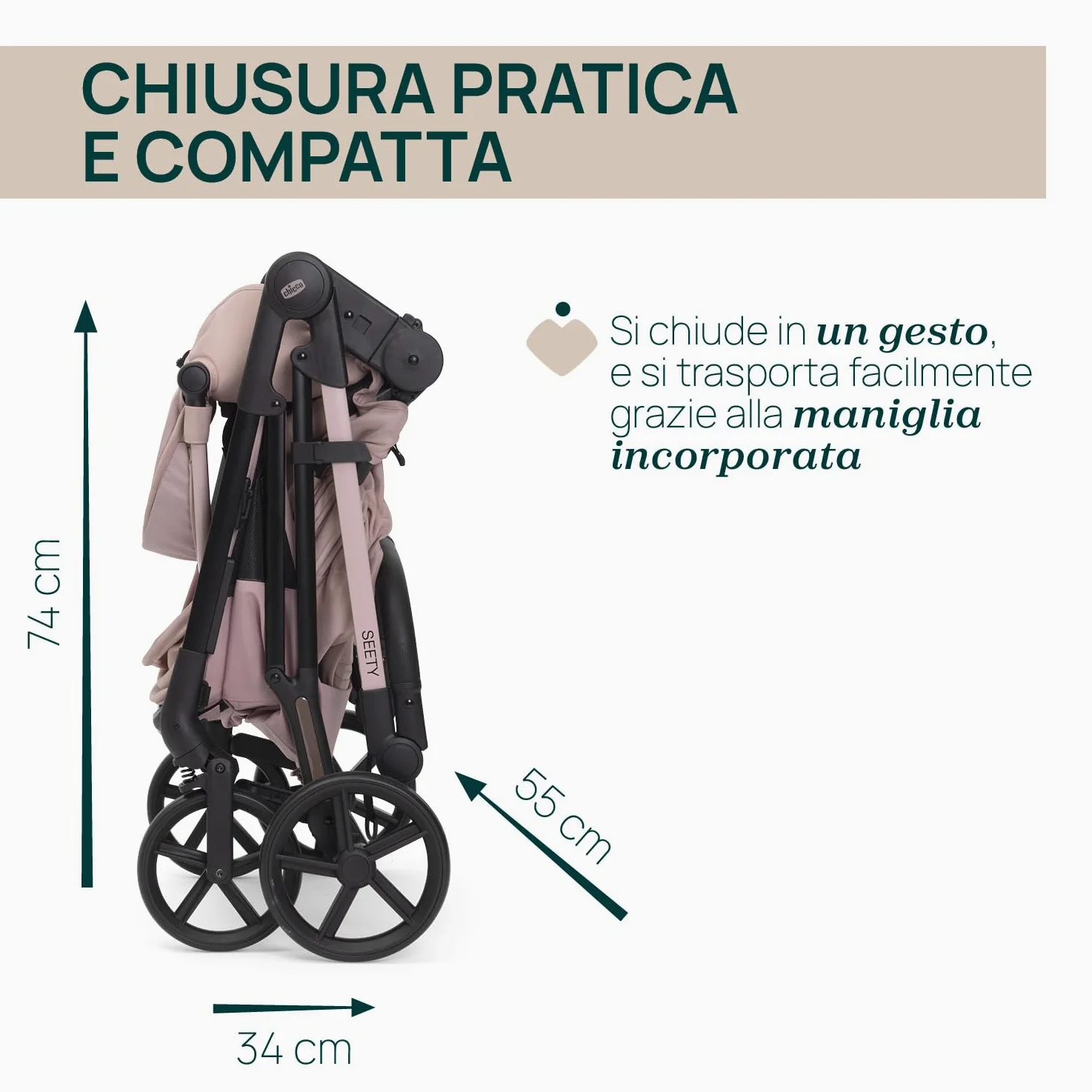 Chicco Passeggino Seety, Passeggino Leggero e Compatto Da 0 Mesi a 4 Anni, Portata Max 22kg, Passeggino Pieghevole, Schienale Reclinable, Chiusura Automatica in 1 Gesto, Capotte Parasole e Parapioggia