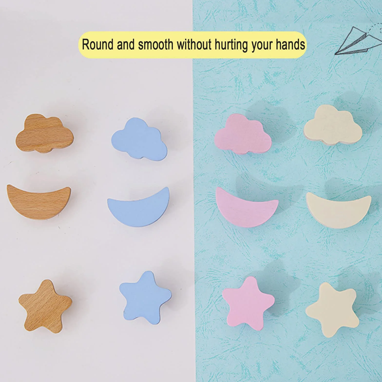 6 x Maniglie per mobili in Legno Originale,Maniglie per armadietti da Cucina,pomelli e Maniglie per camere per Bambini,Maniglie per cassetti a Forma di Nuvola dei Cartoni Animati,Clouds-Beige