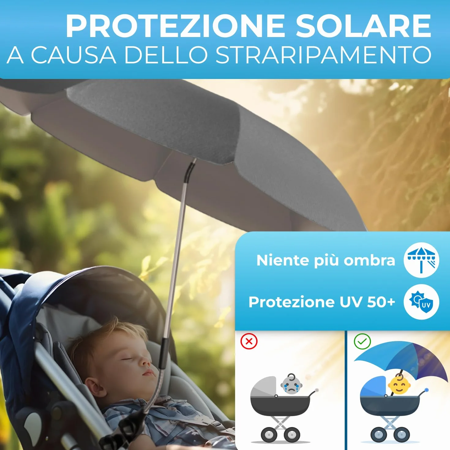 STYNGARD Ombrellino Passeggino UV 50+ 70 cm con Supporto Universale Modello ROMA