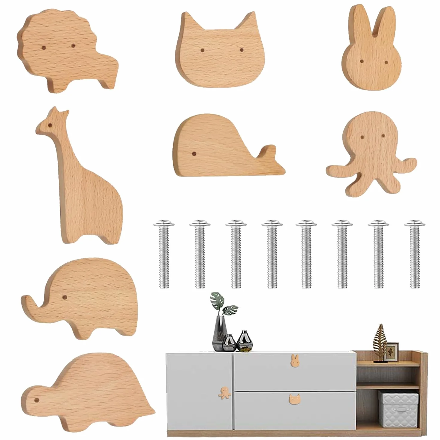 8 Pezzi Pomelli per armadi in legno per cameretta, Pomelli per mobili in legno, Pomelli Per Mobili Bambini Legno, Pomelli in legno con motivi animali, Pomelli Armadio Bambini Animali, per Comodino