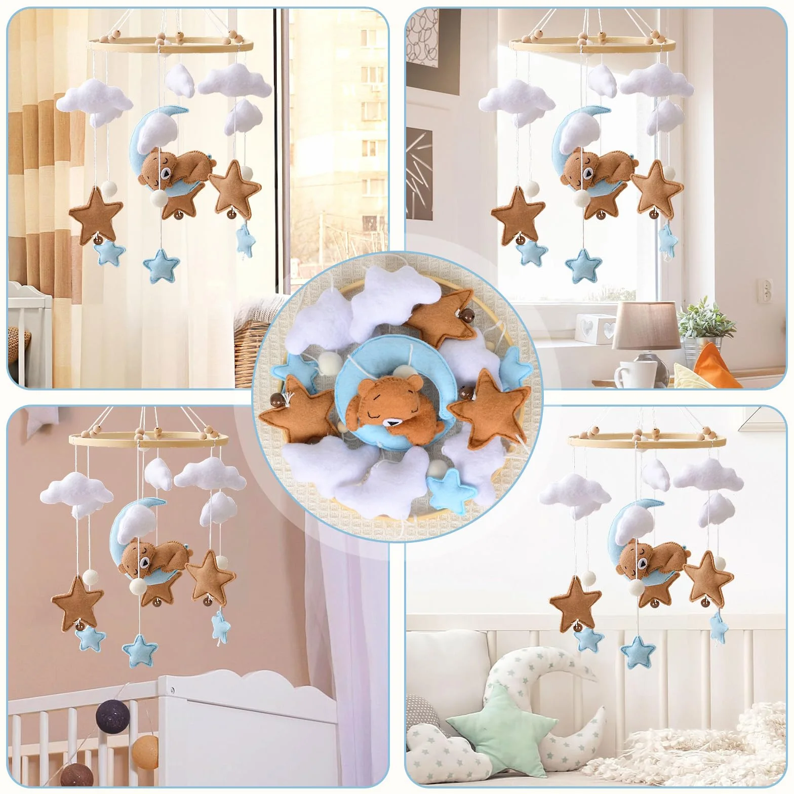 Baby Campanelli Eolici Mobile in Feltro Giostrina Culla Neonato Legno Orso Nuvole Luna Stelle Campane Decorazione Regali Neonati