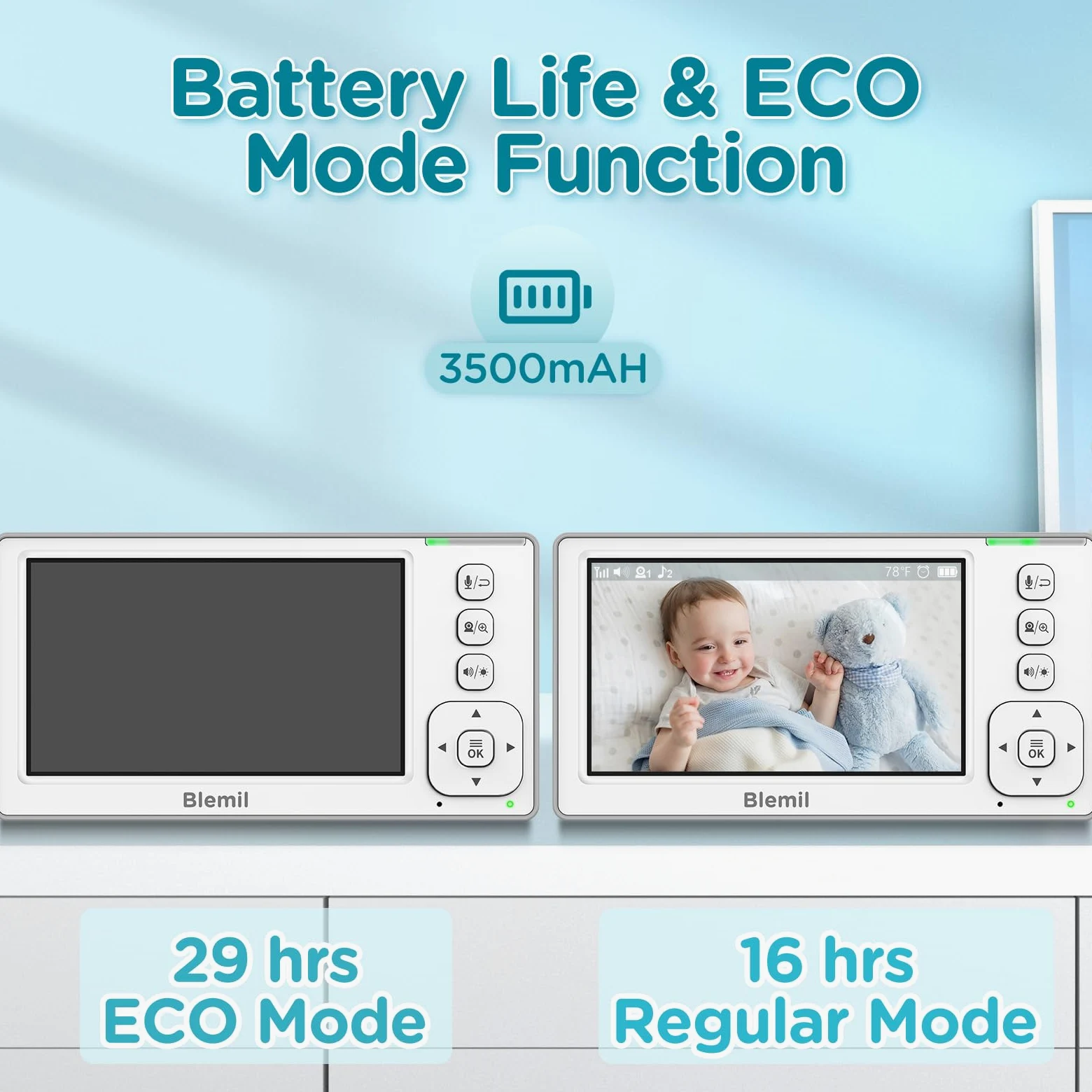 Blemil Aggiornamento Baby Monitor con batteria da 29 ore, 4,3'' IPS Split-screen Video Baby Monitor con due telecamere e audio, Pan/Tilt/Zoom remoto, conversazione bidirezionale, temperatura ambiente