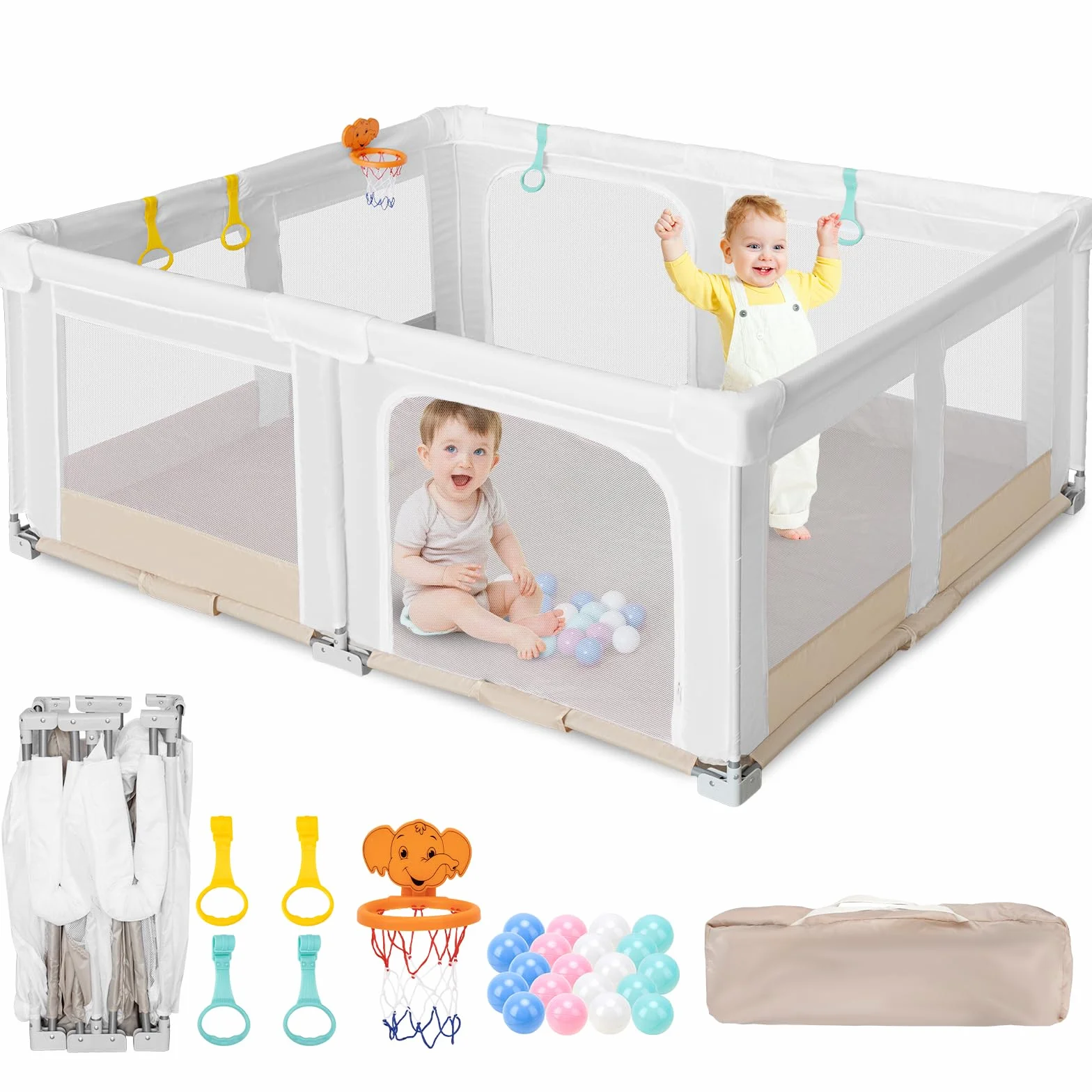 Box per Bambini Grande e Pieghevole: 180x150x75cm Box per Bambino da Interno ed Esterno Con 20 Palline Oceaniche,1 Canestro da Basket,4 Maniglie e 1 Borsa da Viaggio - Area Giochi Ideale per i Bambini
