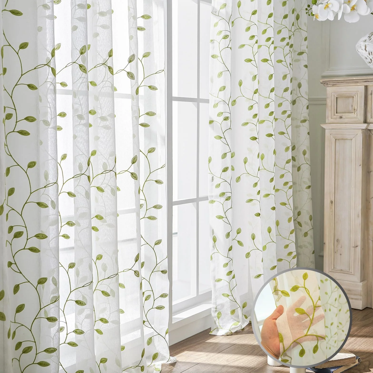 LONGCAO Tende Trasparenti 80 x 200 cm Set 2 Pannelli in Voile Morbido 100% Poliestere Traslucido Verde