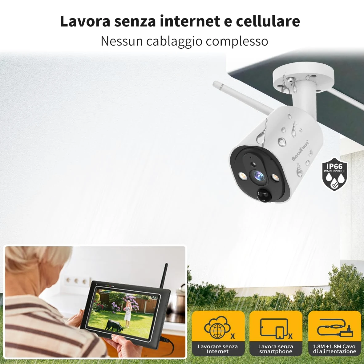 SecuFirst Kit Telecamere Videosorveglianza Esterno,Con monitor Touch Screen da 7",Lavora senza wifi,2K telecamere senza fili da esterno.64 GB di memoria,Nessun costo di abbonamento.