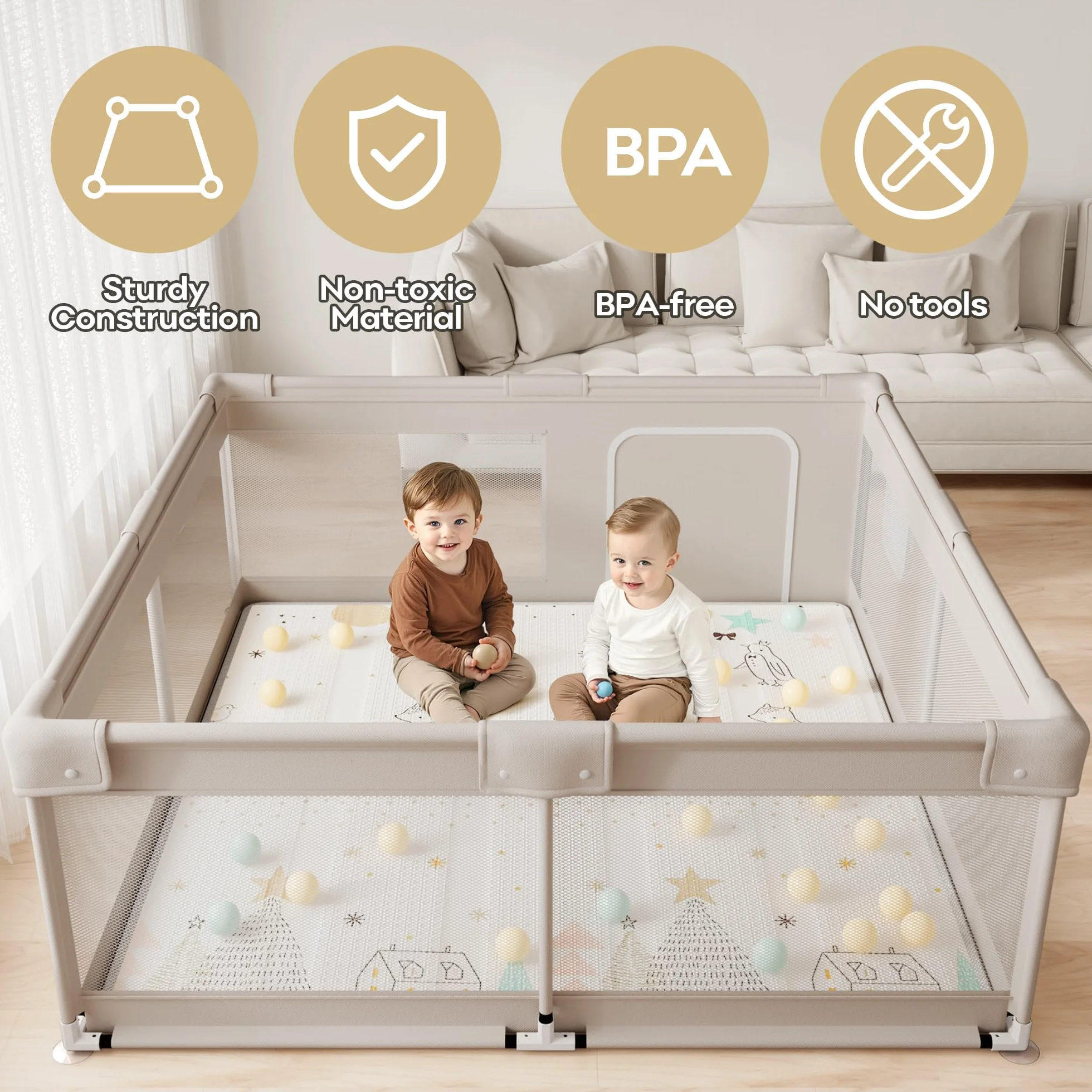 150×150×68cm Box Bambini con Materassino, Recinto per Bambini, Box Neonato con Morbida Imbottitura