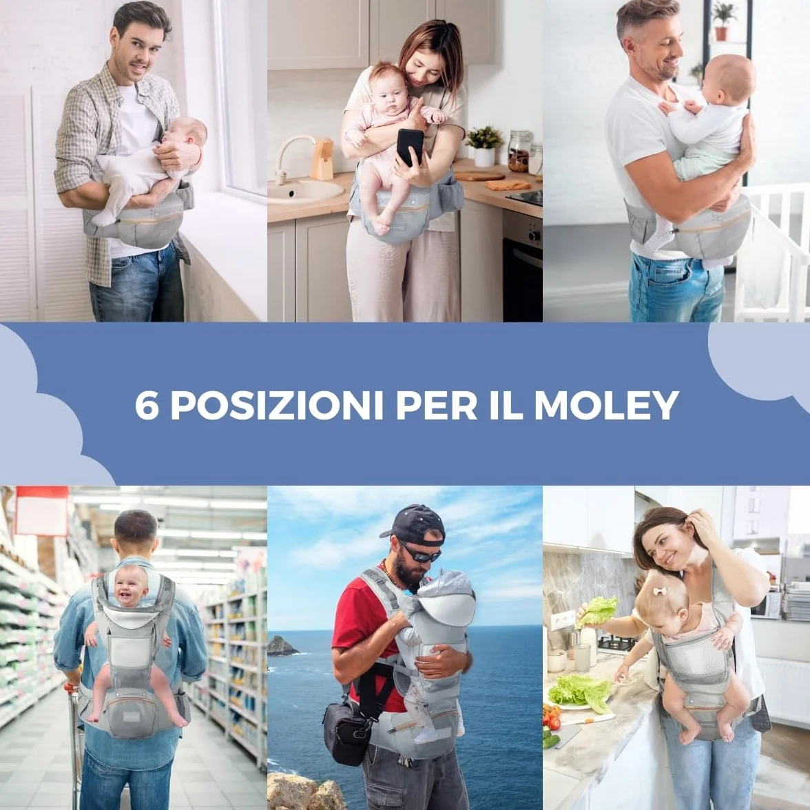 Mobiclinic® kids, Marsupio neonato, 6 in 1, Moley, Ergonomico, Multiposizione, 0-36 mesi, Pieghevole, Tasca con cerniera, Portabiberon, Cotone premium morbido, Per neonati e bambini (grigio)