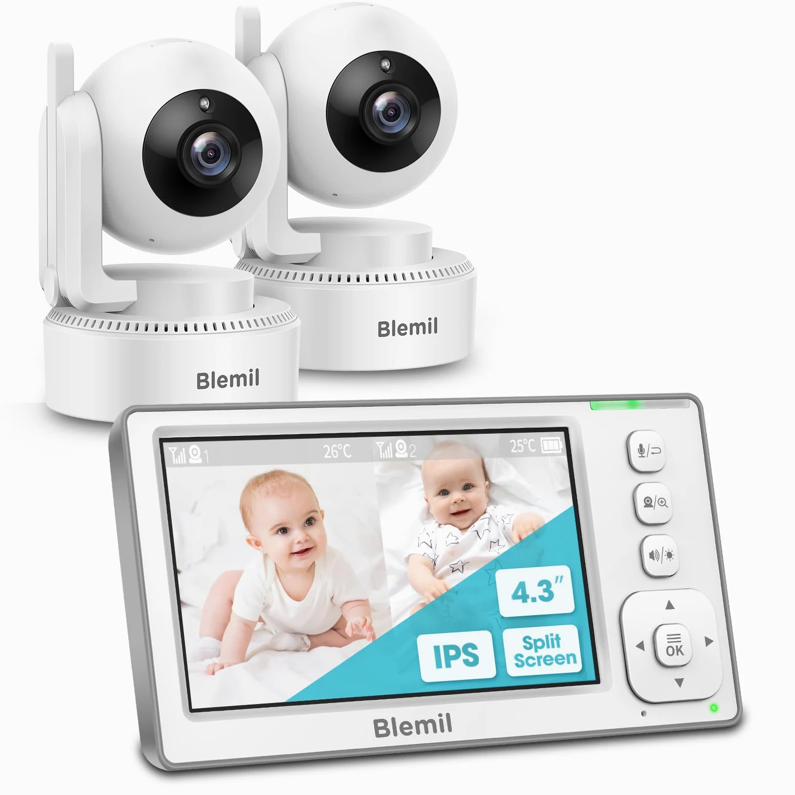 Blemil Aggiornamento Baby Monitor con batteria da 29 ore, 4,3'' IPS Split-screen Video Baby Monitor con due telecamere e audio, Pan/Tilt/Zoom remoto, conversazione bidirezionale, temperatura ambiente