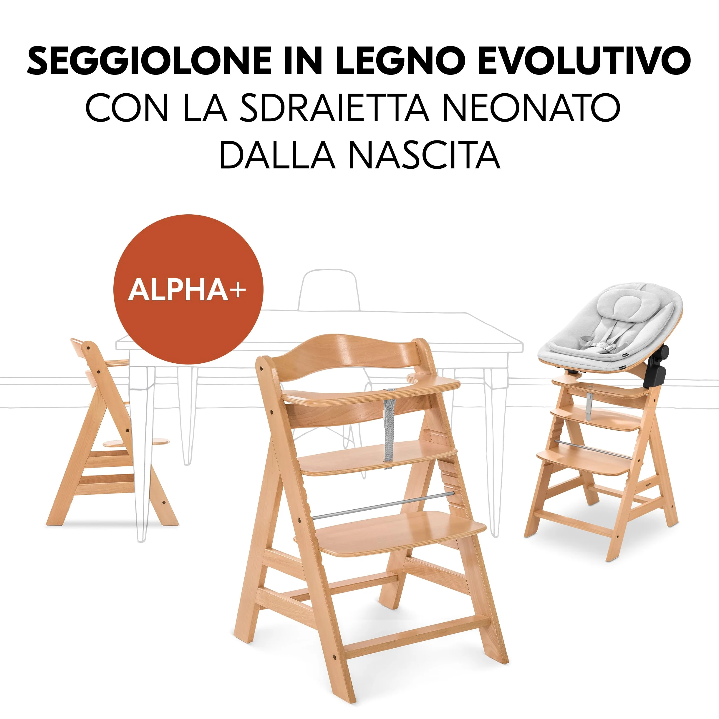 hauck Seggiolone Alpha+ Newborn Set Eco Bouncer - Seggiolone Pappa Bimbi in Legno dalla Nascita con Sdraietta Neonato 2in1 Regolabile e Cuscino - Naturale