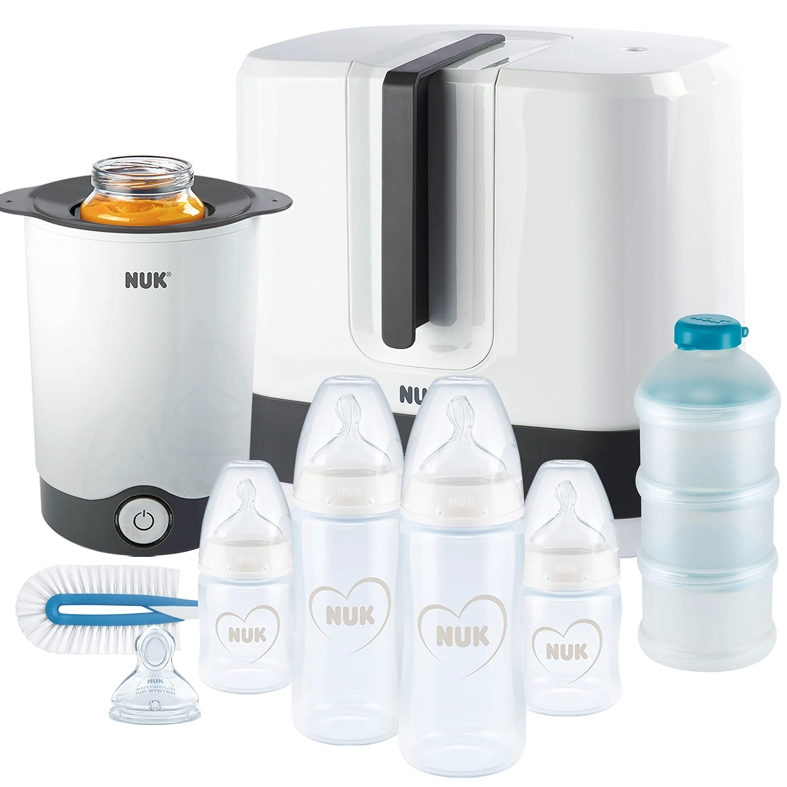 NUK First Choice+ Set completo di alimentazione | Sterilizzatore Vario Express, 4x biberons, 1x tettarella extra, scaldabiberonr e altro ancora | cuore (neutro) | 9 flaconi