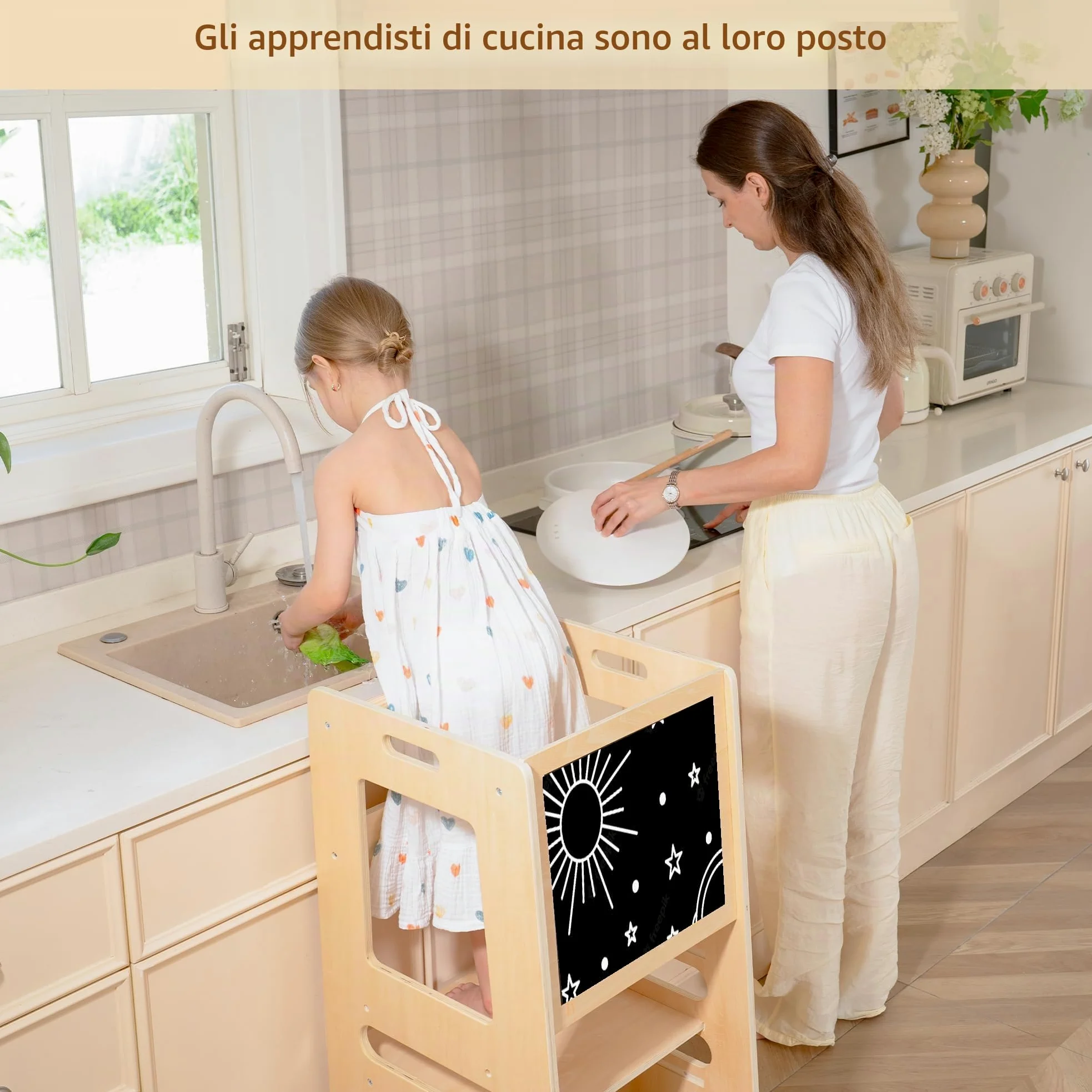 Torre Montessoriana in Legno per Bambini, Sgabello Aiutante da Cucina Regolabile per Età 1–5 Anni, Learning Tower con Barra di Sicurezza per Cucina e Bagno