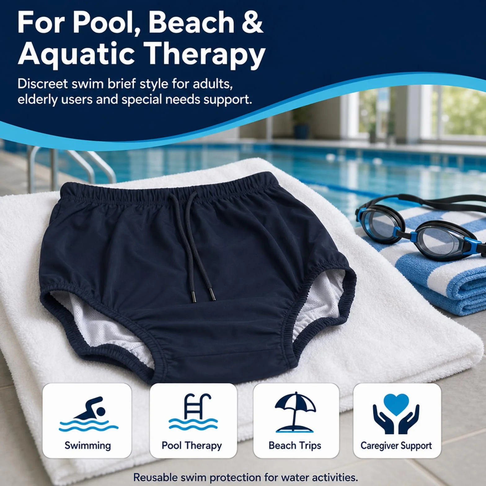 Pannolini da nuoto riutilizzabili per adulti AQX, lavabili, a prova di perdite incontinenza, unisex (S, blu)