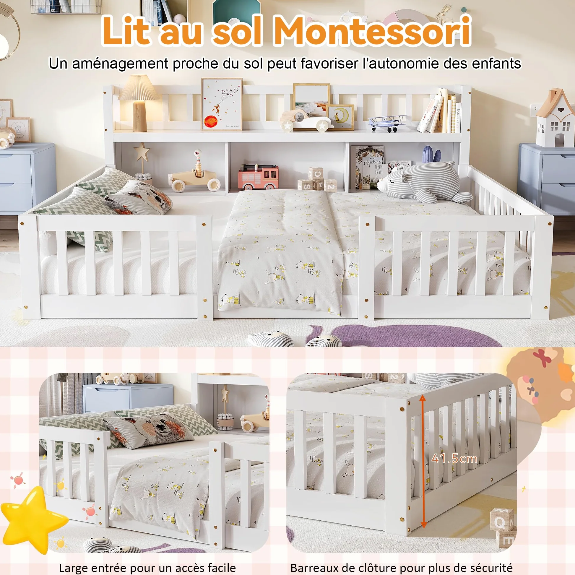 DADEA Montessori - Lettino da pavimento, 140 x 200 cm, con protezione anticaduta e rete a doghe, letto singolo per bambini e ragazzi, senza materasso