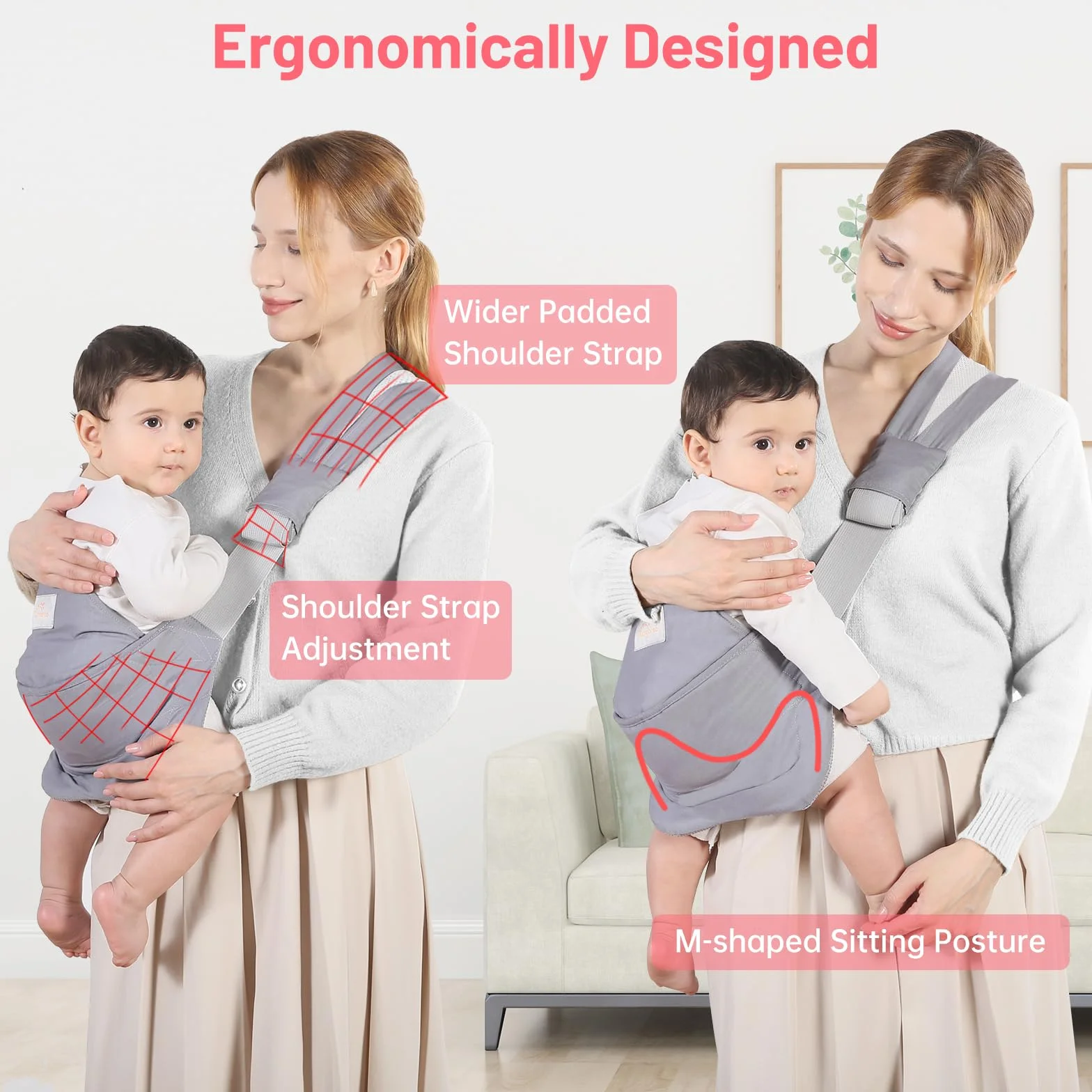 Fascia Neonato, Marsupio Neonato Cotone con Seduta Antiscivolo, Fascia Porta Bebe Ergonomico, Tutte le Stagioni, Fino a 15kg (Grigio Chiaro)