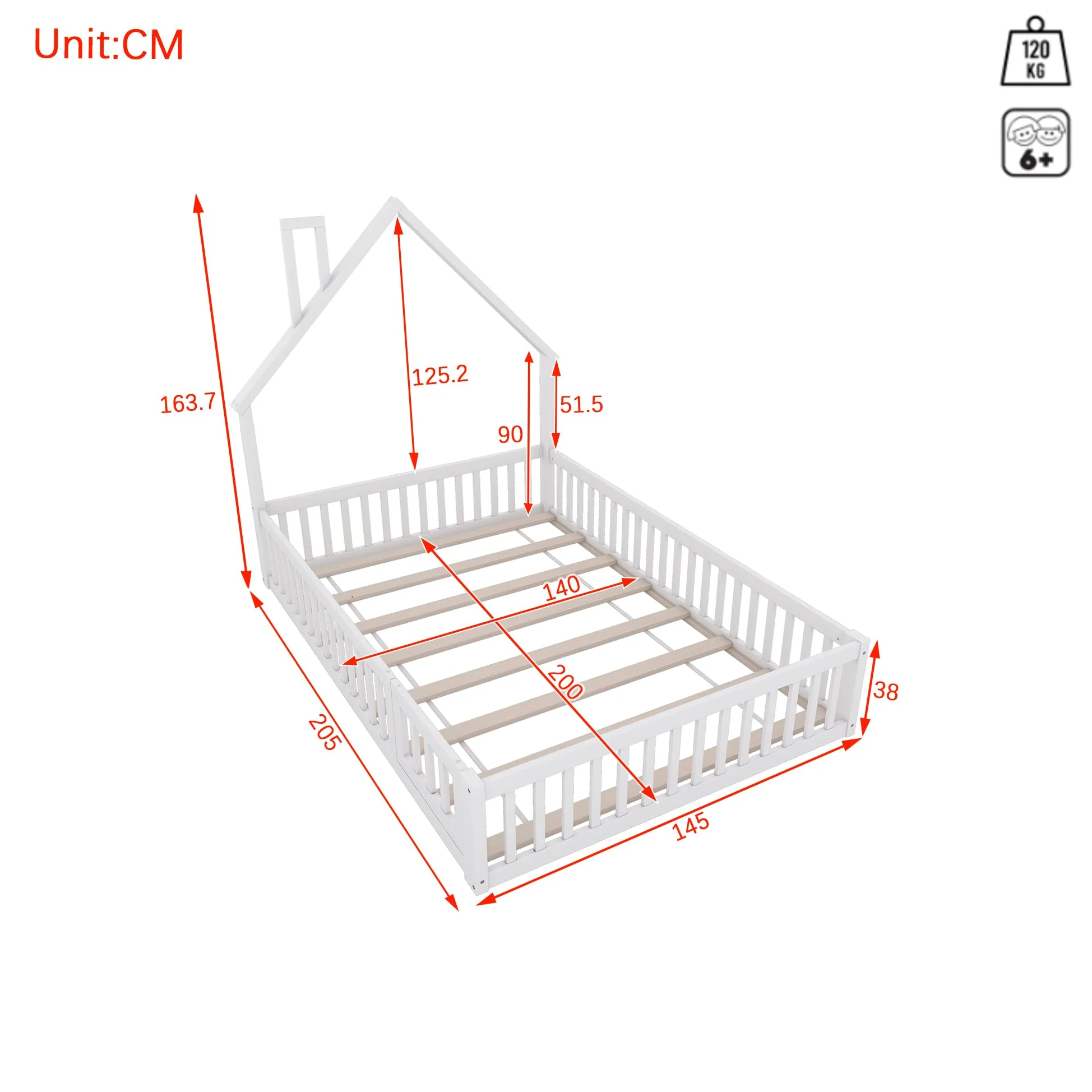 Lettino per bambini 140 x 200 cm, con protezione anti-caduta di sicurezza e porta, letto imbottito con rete a doghe in legno, design a forma di camino, letto in legno, per ragazzi, senza materasso
