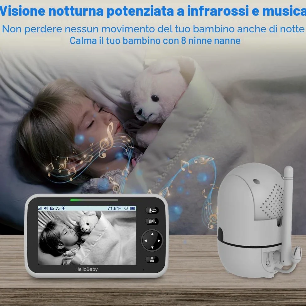 HelloBaby Baby Monitor, display da 5'' con batteria da 30 ore, baby monitor video pan-tilt-zoom con fotocamera e audio, visione notturna, conversazione a 2 vie, temperatura, 8 ninne nanne e 300m