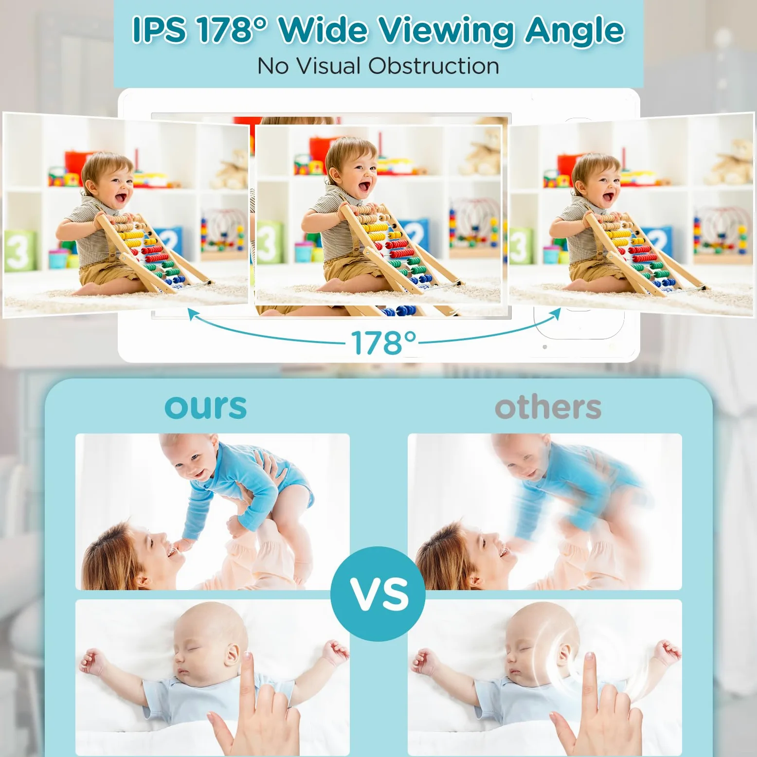 Blemil Aggiornamento Baby Monitor con batteria da 29 ore, 4,3'' IPS Split-screen Video Baby Monitor con due telecamere e audio, Pan/Tilt/Zoom remoto, conversazione bidirezionale, temperatura ambiente