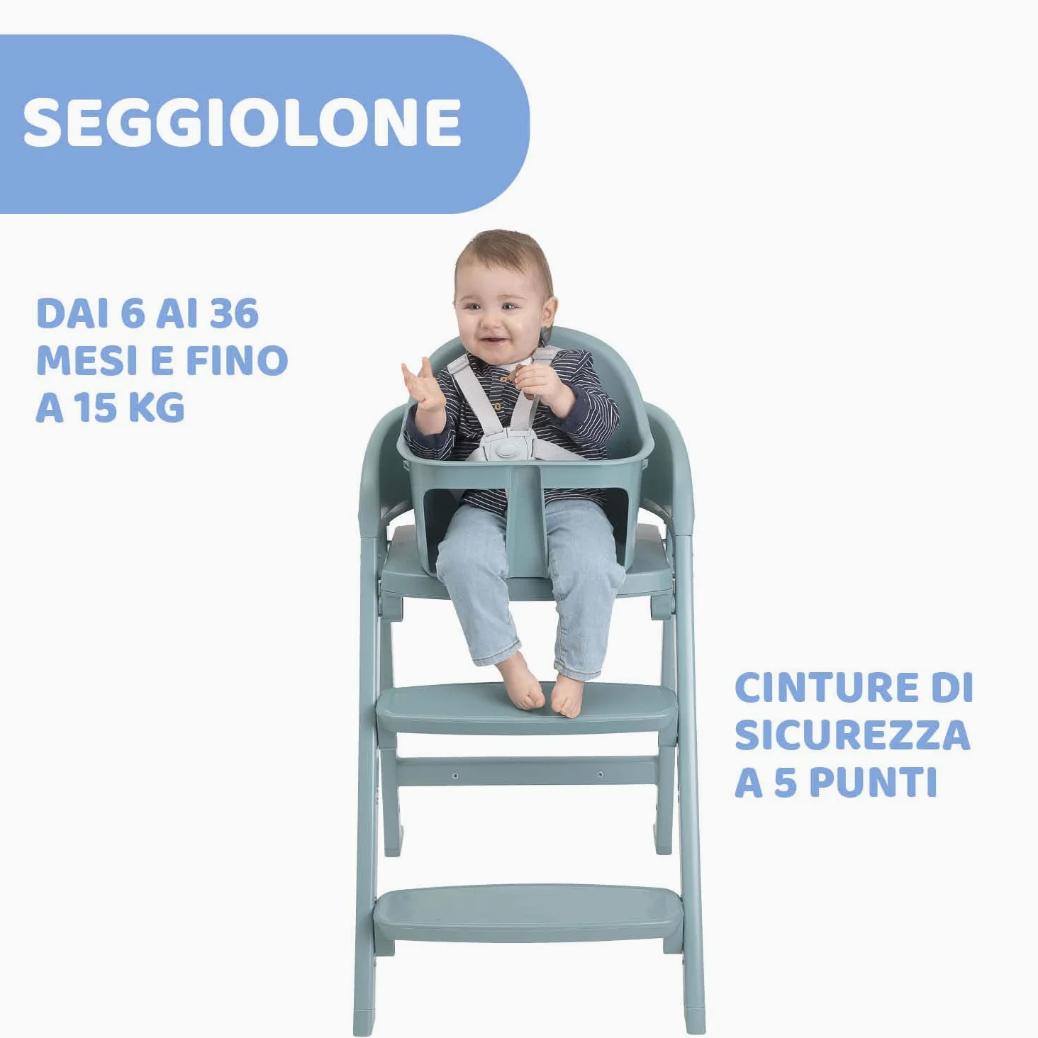 Chicco Crescendo Lite Seggiolone Pappa Evolutivo per Bambini dai 6 Mesi fino a 110 kg, Como Lake, Verde Acqua