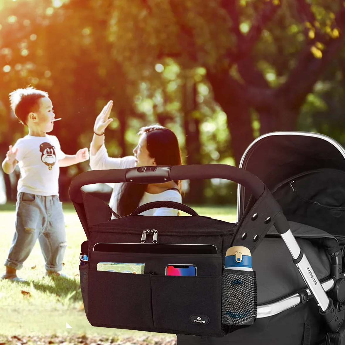 PHILORN Borsa per Passeggino con Portabevande Isolato, Tracolla, Grande Capacità, Universale, Nero