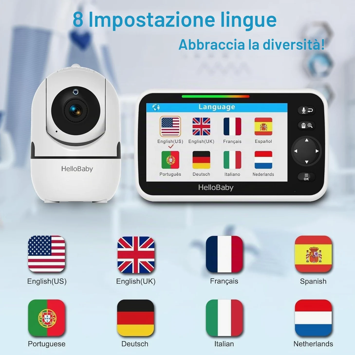 HelloBaby Baby Monitor, display da 5'' con batteria da 30 ore, baby monitor video pan-tilt-zoom con fotocamera e audio, visione notturna, conversazione a 2 vie, temperatura, 8 ninne nanne e 300m