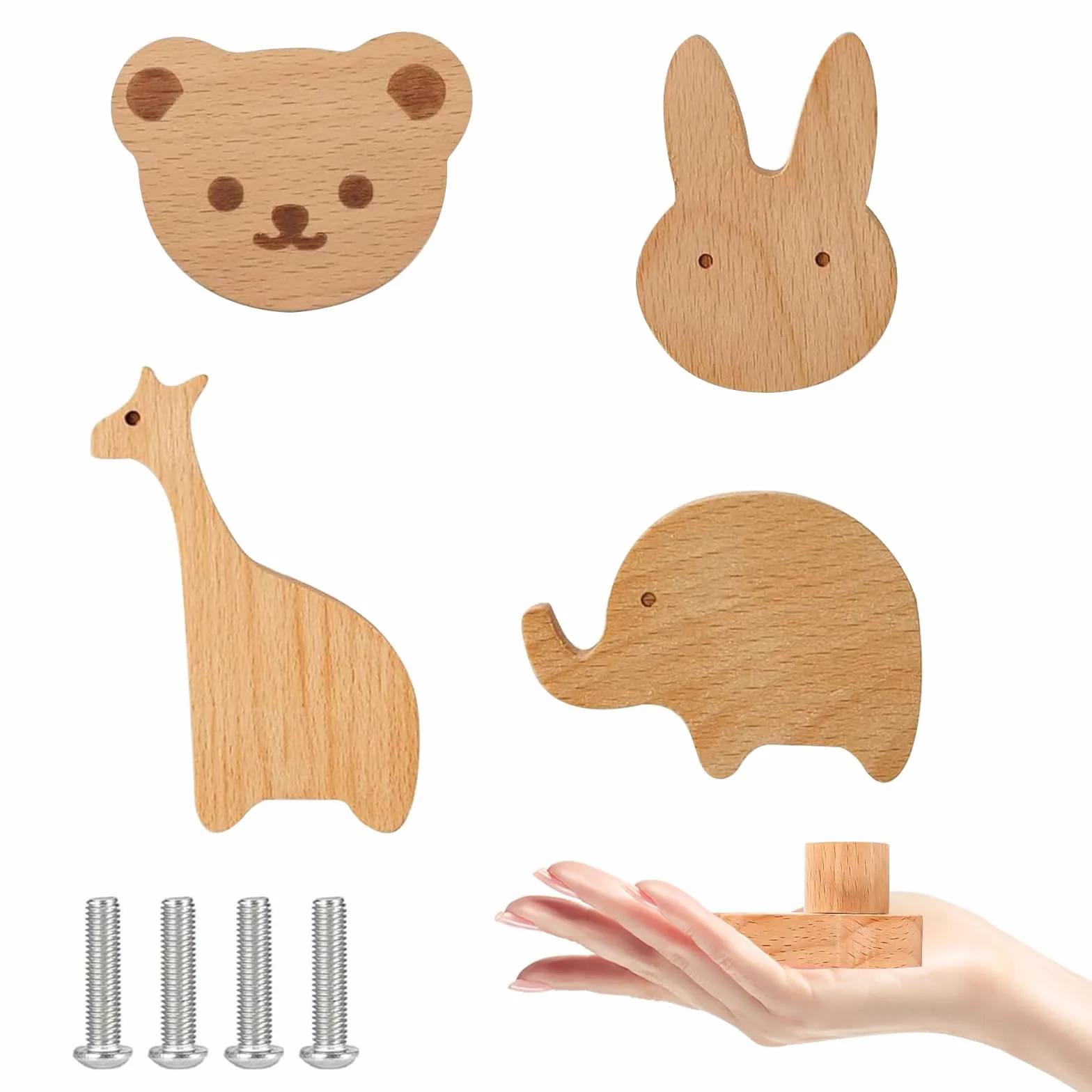 Pomelli per Mobili Bambini, 4 pezzi Pomelli in Legno con motivi animali, Pomelli per Mobili in Legno con Viti, Pomelli per Mobili Bambini Animali, Maniglie Armadio Cameretta, Mobili, Cassetti
