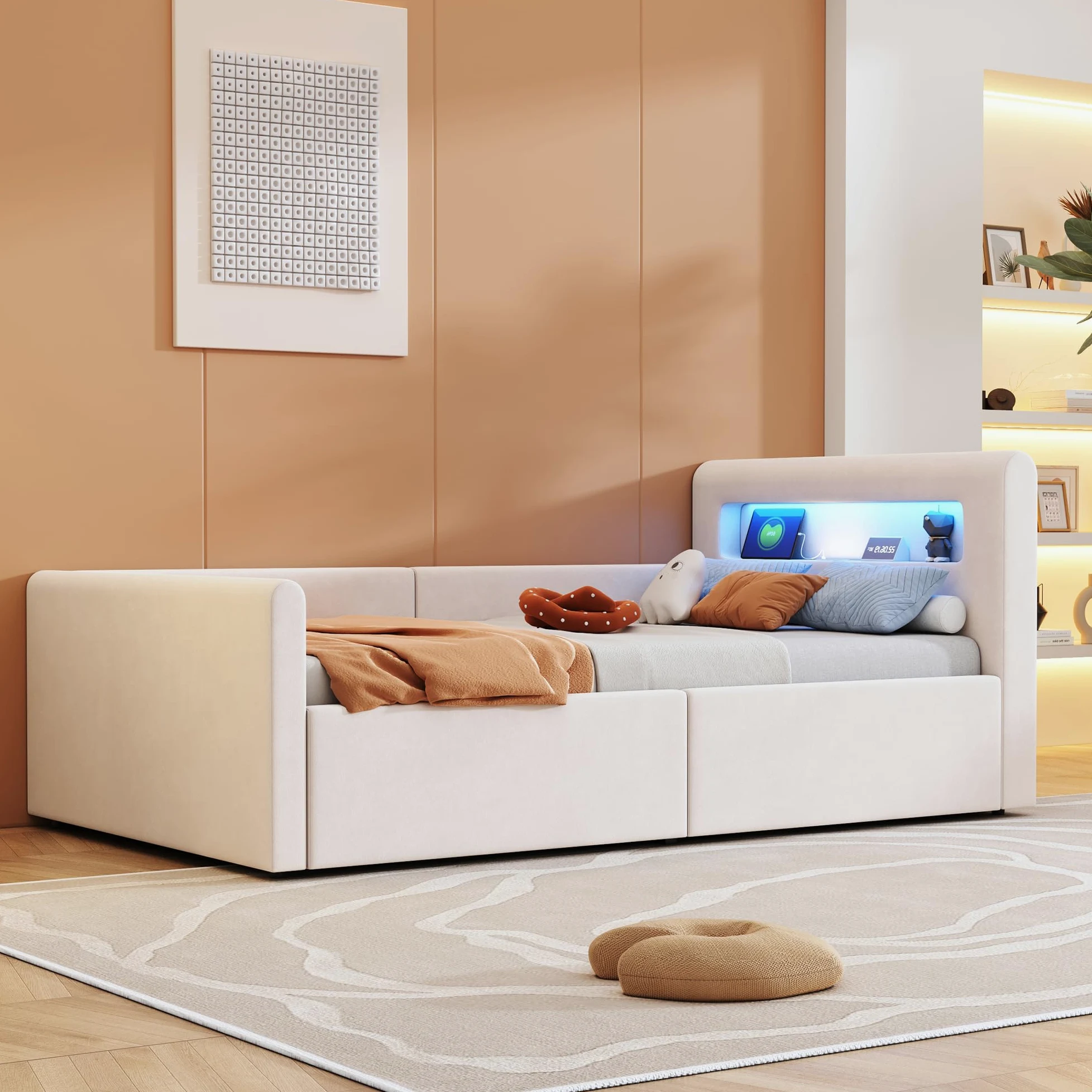 Lubvtti Letto singolo imbottito 90×200cm, Letto contenitore con luce LED e porta USB, Con vano portaoggetti, Letto per bambini con vano contenitore idraulico, Velluto, Beige (materasso non incluso)