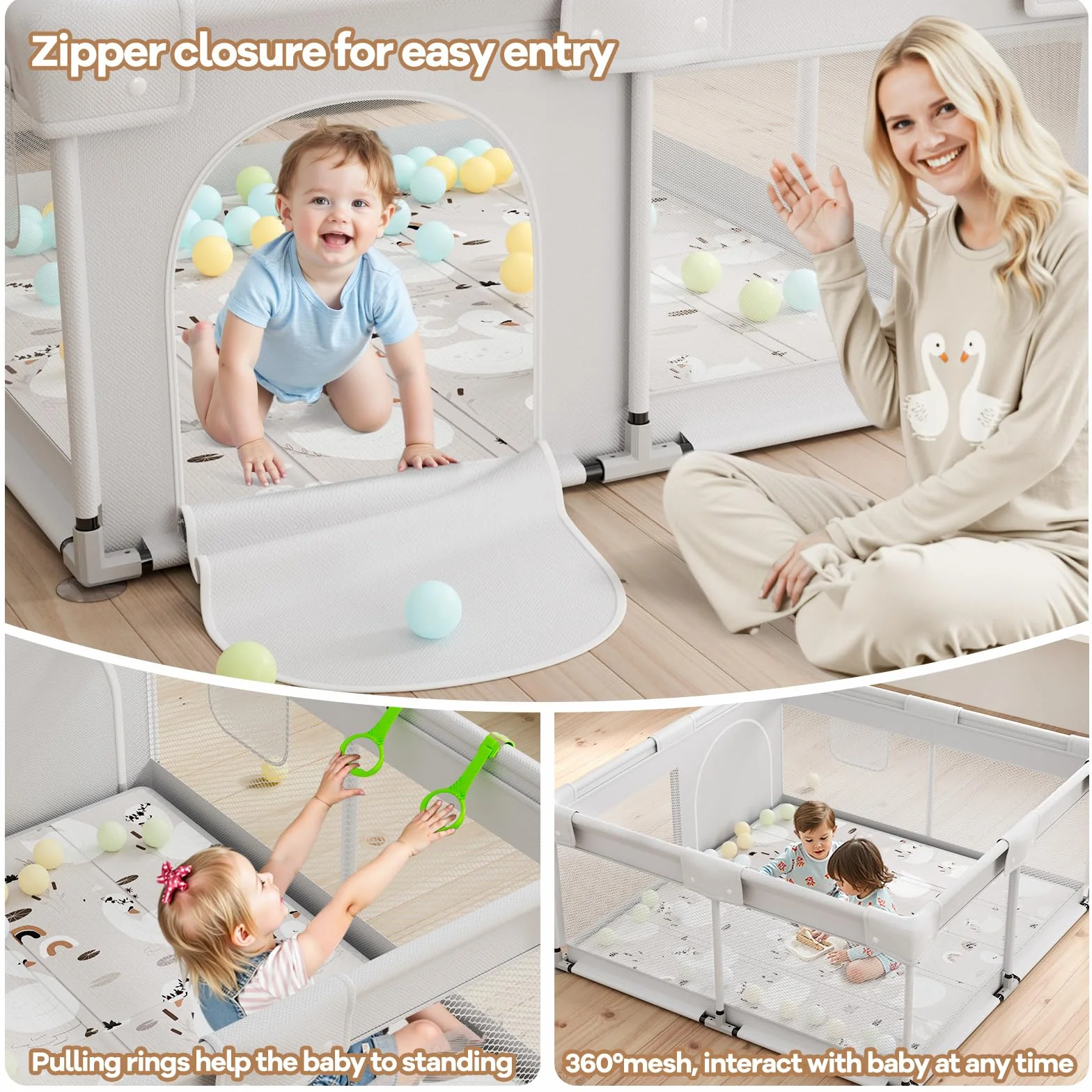 Box per bambini con materasso, 120 x 120 cm, piccolo box con tappetino, box per appartamenti, box con rete traspirante su quattro lati e ventose