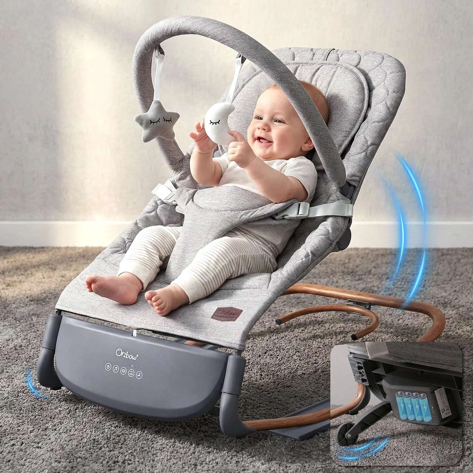 Sdraietta Neonati Elettrica, Dondolo Neonati Elettrico con 3 Velocità, Controllo a Colpetto & Pannello Touch, 2 Timer (30/60 Min), 8 Melodie, Volume Regolabile, per 0-12 Mesi, Fino a 18 kg, Grigio
