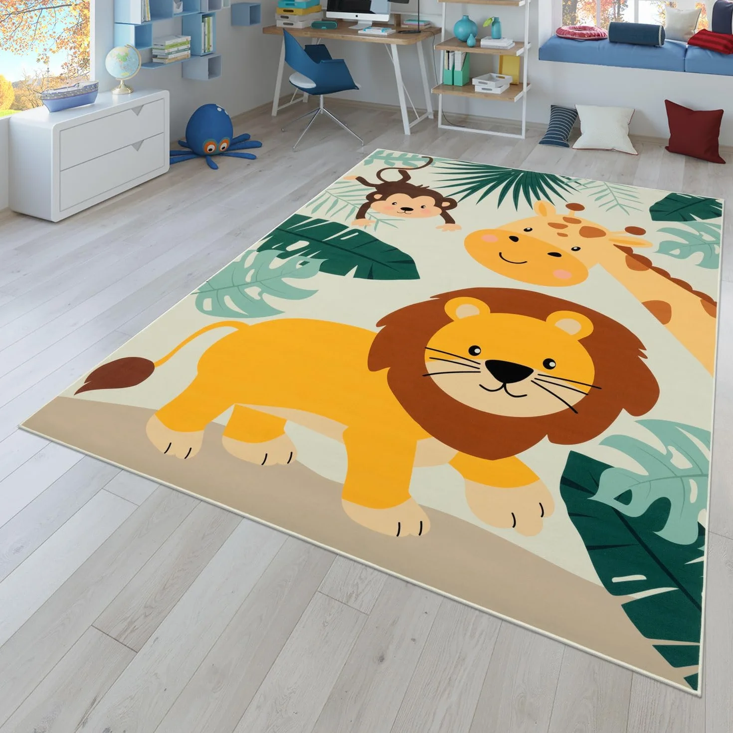 TT Home Tappeto Stanza Bambini Auto Bambini Motivo Con Animale Antiscivolo, Colore:Verde Beige Blu, Dimensione:100x200 cm