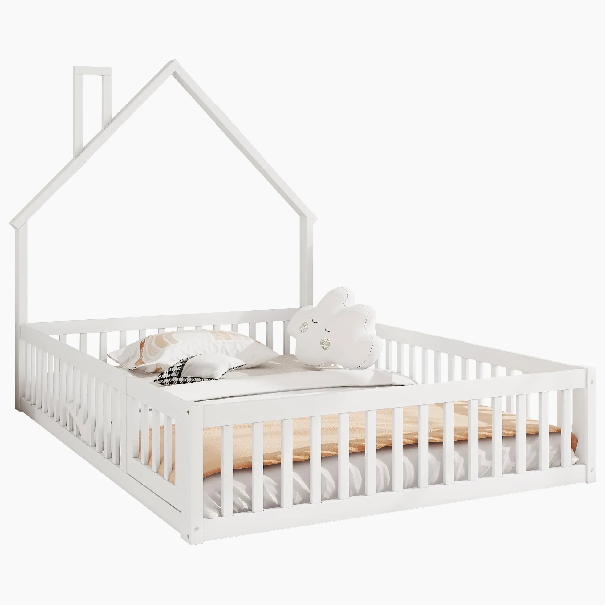 Lettino per bambini 140 x 200 cm, con protezione anti-caduta di sicurezza e porta, letto imbottito con rete a doghe in legno, design a forma di camino, letto in legno, per ragazzi, senza materasso