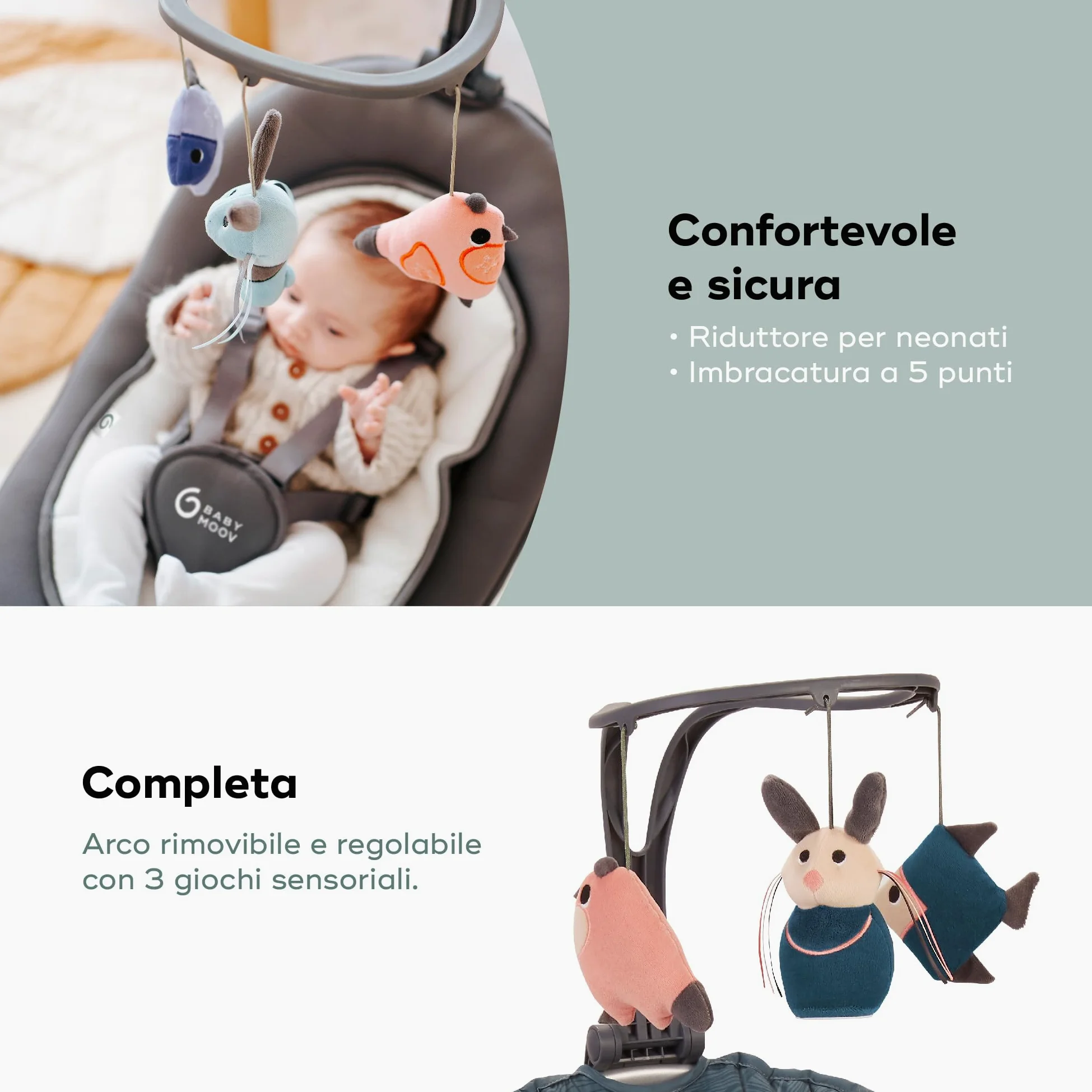 Babymoov Altalena per Bambini Swoon Motion – Seduta Girevole 360°, Dondolamento con 5 Velocità, Rilevatore di Movimento, Giochi Sensoriali e Ninnenanne – Comfort dalla Nascita