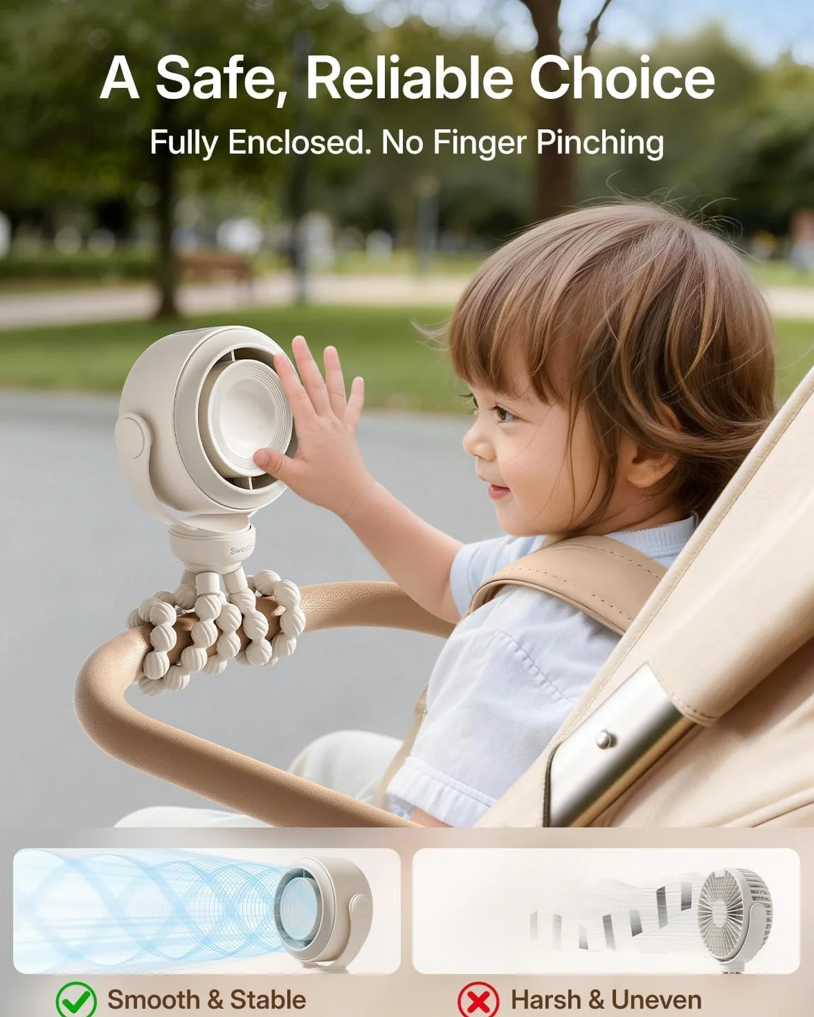 SWEETFULL Mini Ventilatore a Clip per Passeggino, Ventilatore Bambini Silenzioso 5 Velocità, Batteria 10H Ricaricabile USB-C