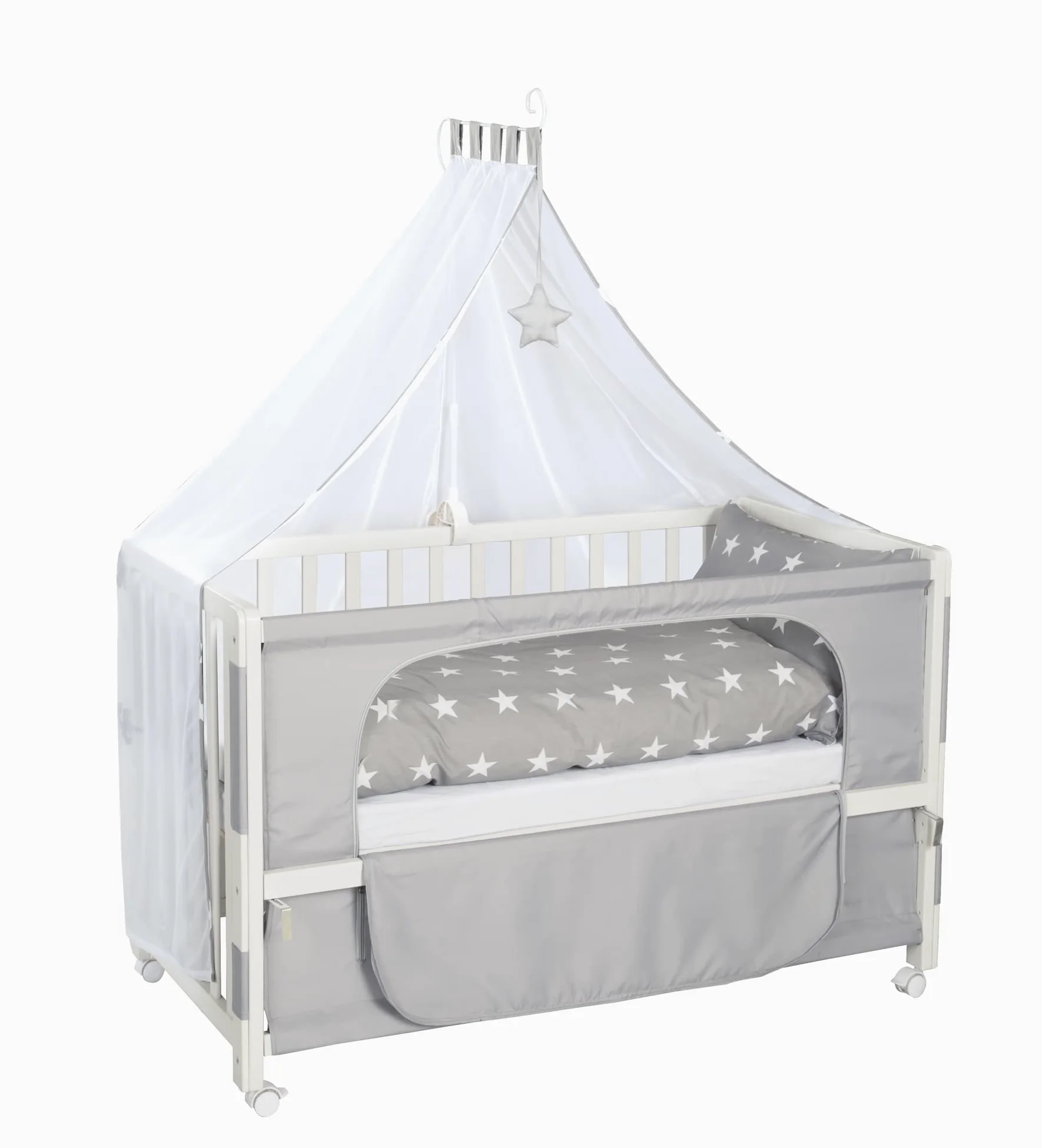 roba Lettino per Neonati Co-Sleeping Little Stars, 60 x 120 cm, Biancheria per Lettino Inclusa, Motivo con Stelline, Altezza Regolabile, Legno Laccato Bianco e Grigio