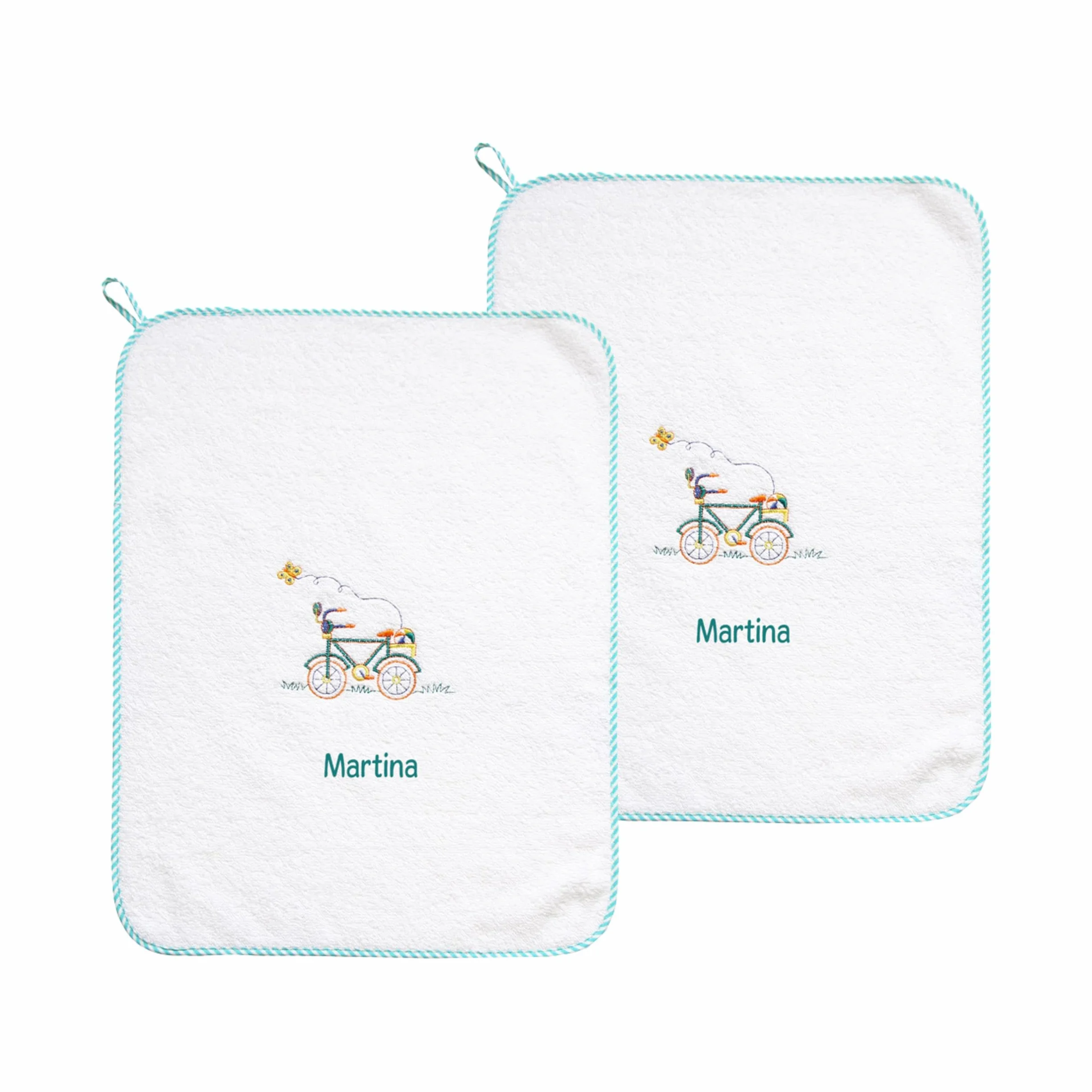 Coccole Set Asilo 2 Asciugamani Personalizzati Bambini Cotone Anallergico Bicicletta Verde