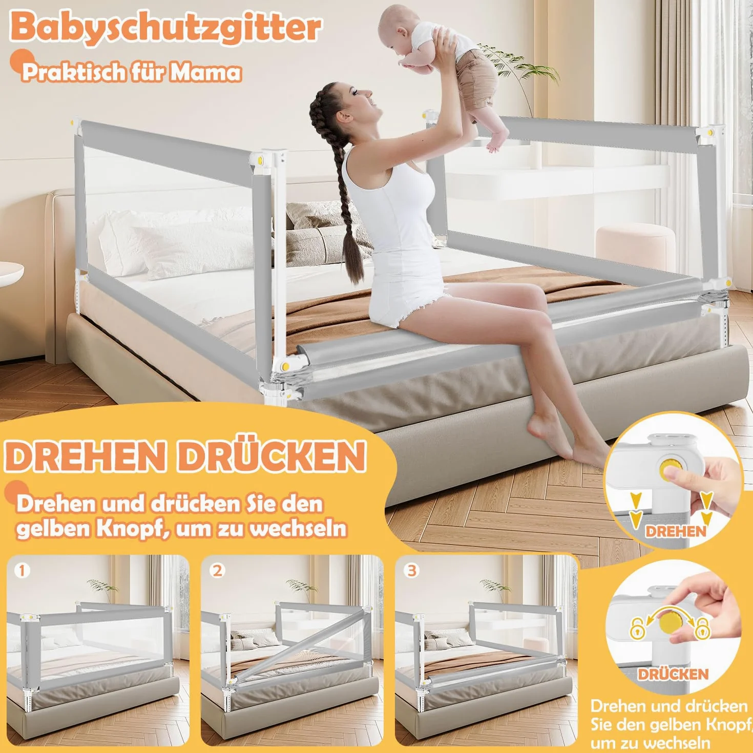 Griglia per letto 200 cm x 2 + 150 cm x 1, pieghevole con base a forma di U, griglia di protezione per lettino, altezza regolabile 68-95 cm, per bambini e letti dei genitori, grigio