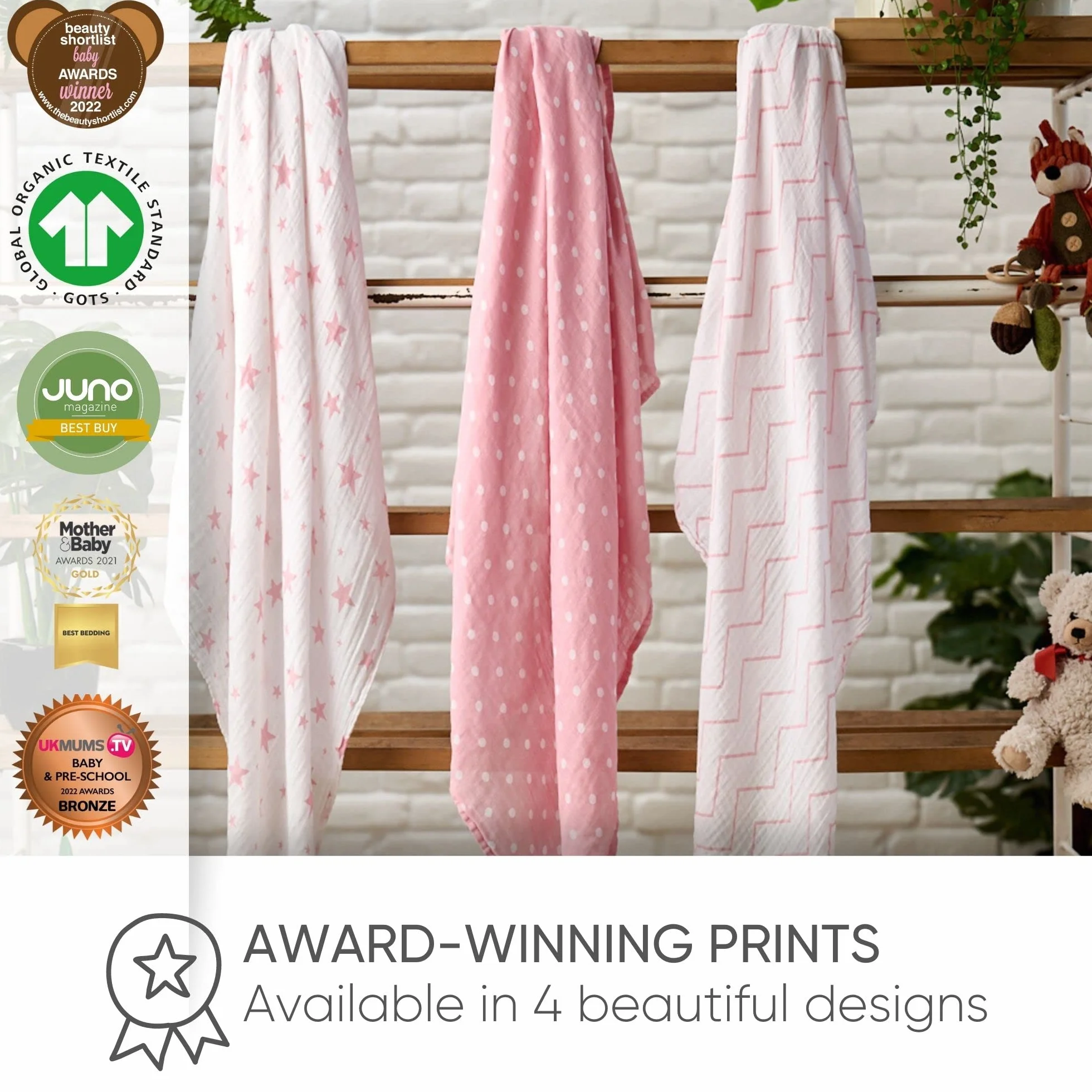 Bloomsbury Mill Confezione da 3 fasce in mussola 100% puro cotone biologico 120cm x 120cm rosa e bianco