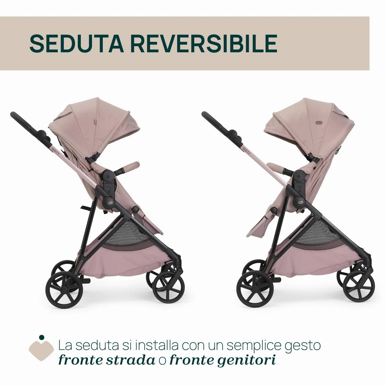Chicco Passeggino Seety, Passeggino Leggero e Compatto Da 0 Mesi a 4 Anni, Portata Max 22kg, Passeggino Pieghevole, Schienale Reclinable, Chiusura Automatica in 1 Gesto, Capotte Parasole e Parapioggia