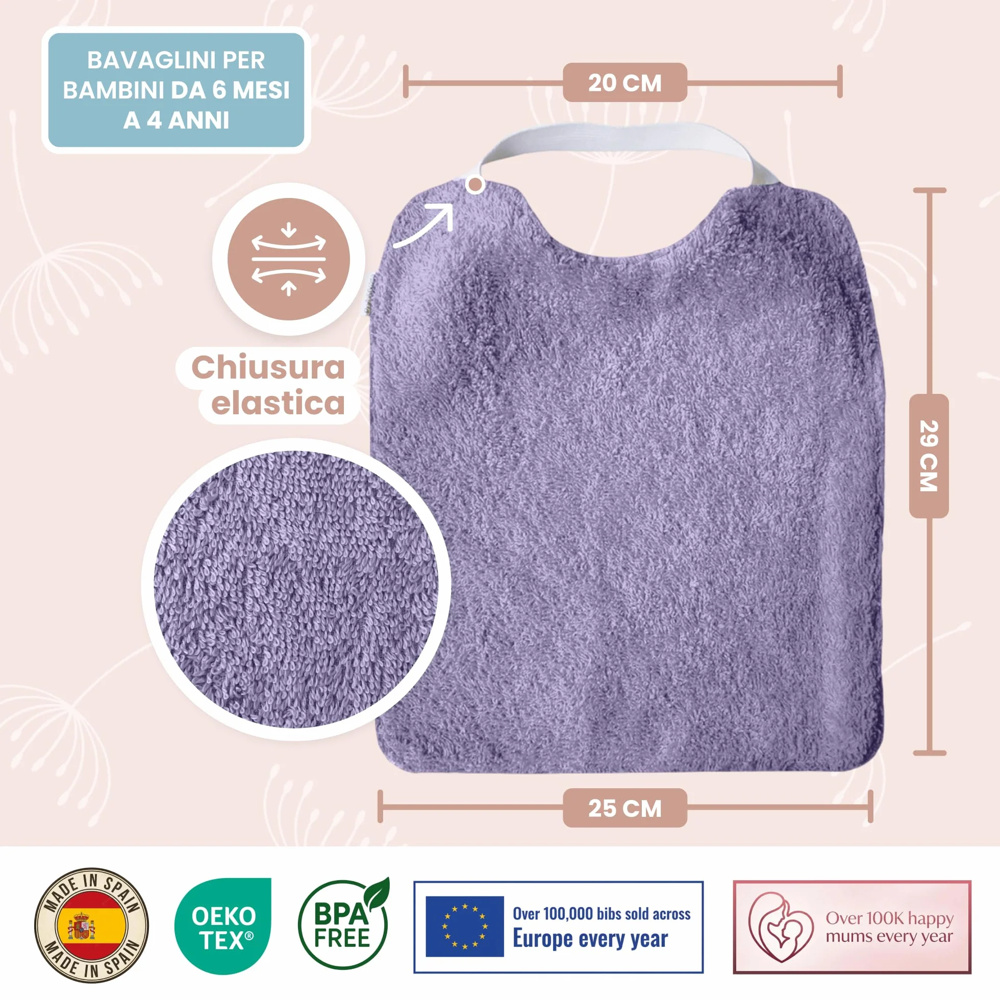 Set di 5 Bavaglini Neonato Impermeabili BLW in Spugna Cotone Premium Oeko-Tex Grandi con Elastico al Collo Realizzati a mano Spagna