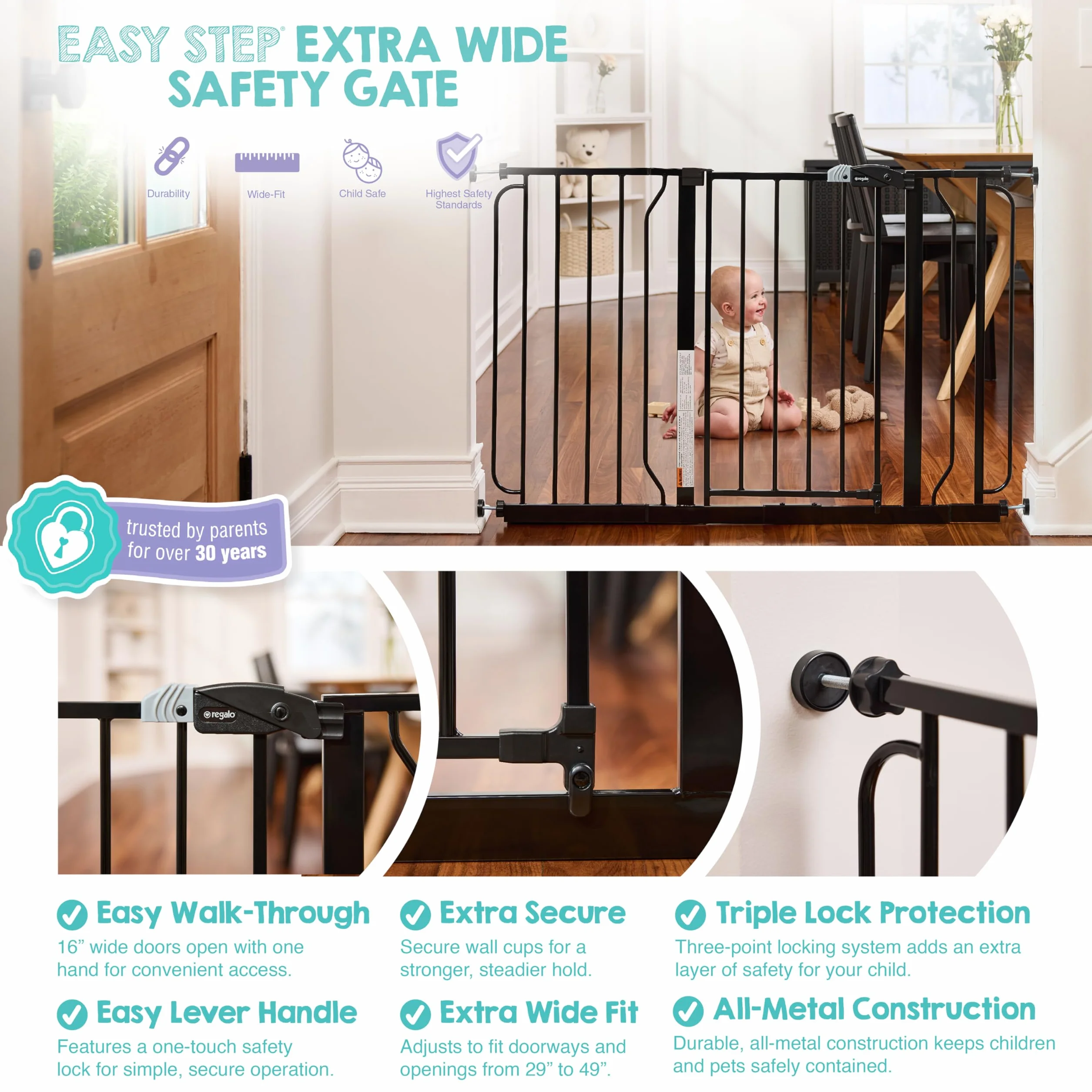Regalo Safety Extra Wide Baby Gate for Doorways & Stairs, Fits Openings 73.6-122cm, Pressure Mounted, Black