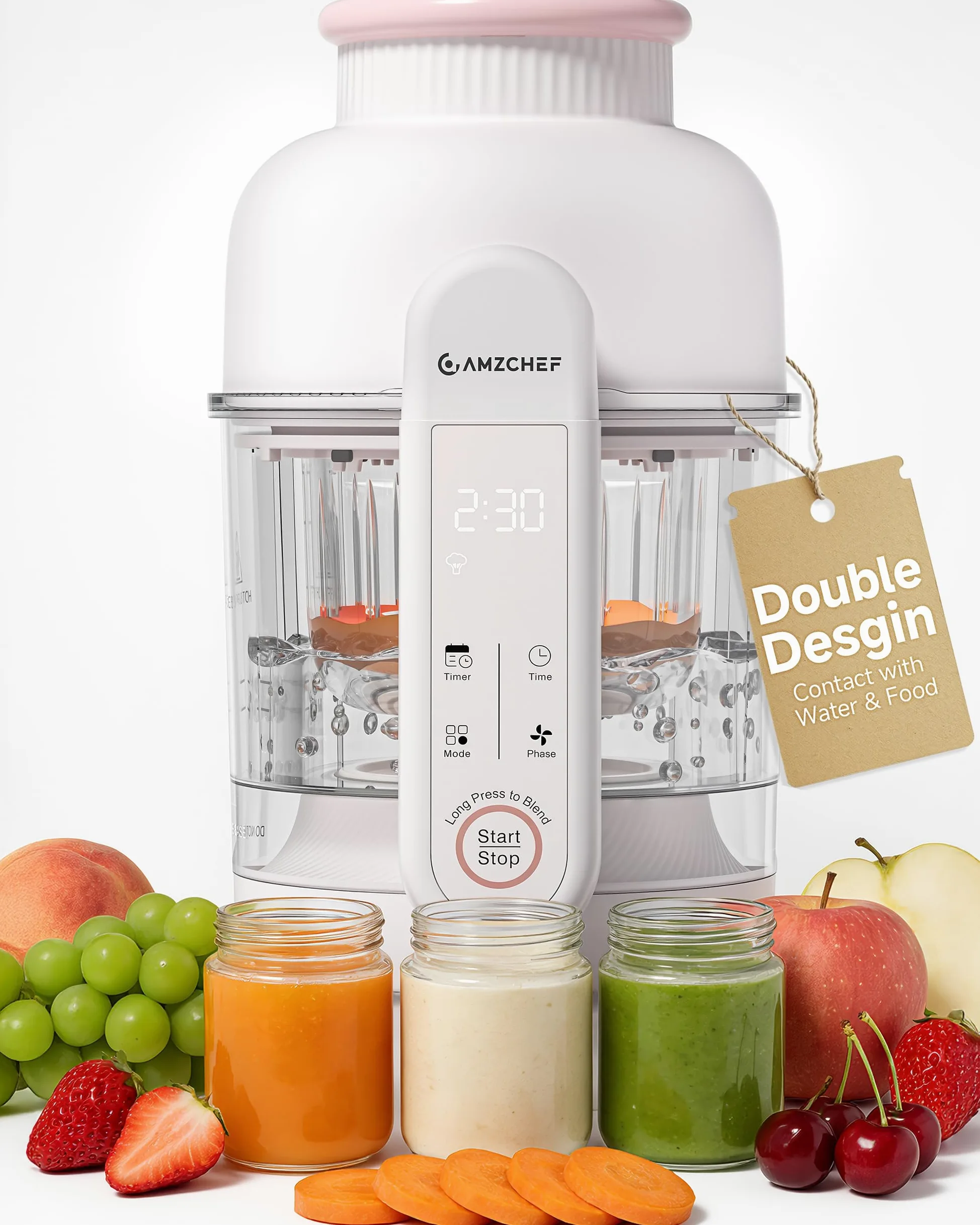 AMZCHEF Cuocipappa 6-in-1 Vaporiera & Frullatore – Baby Food Processor con Consistenze per Fasi di Crescita, BPA-Free – Cuoce a Vapore, Frulla, Purée, Scongela, Auto-Pulizia – Touch Screen