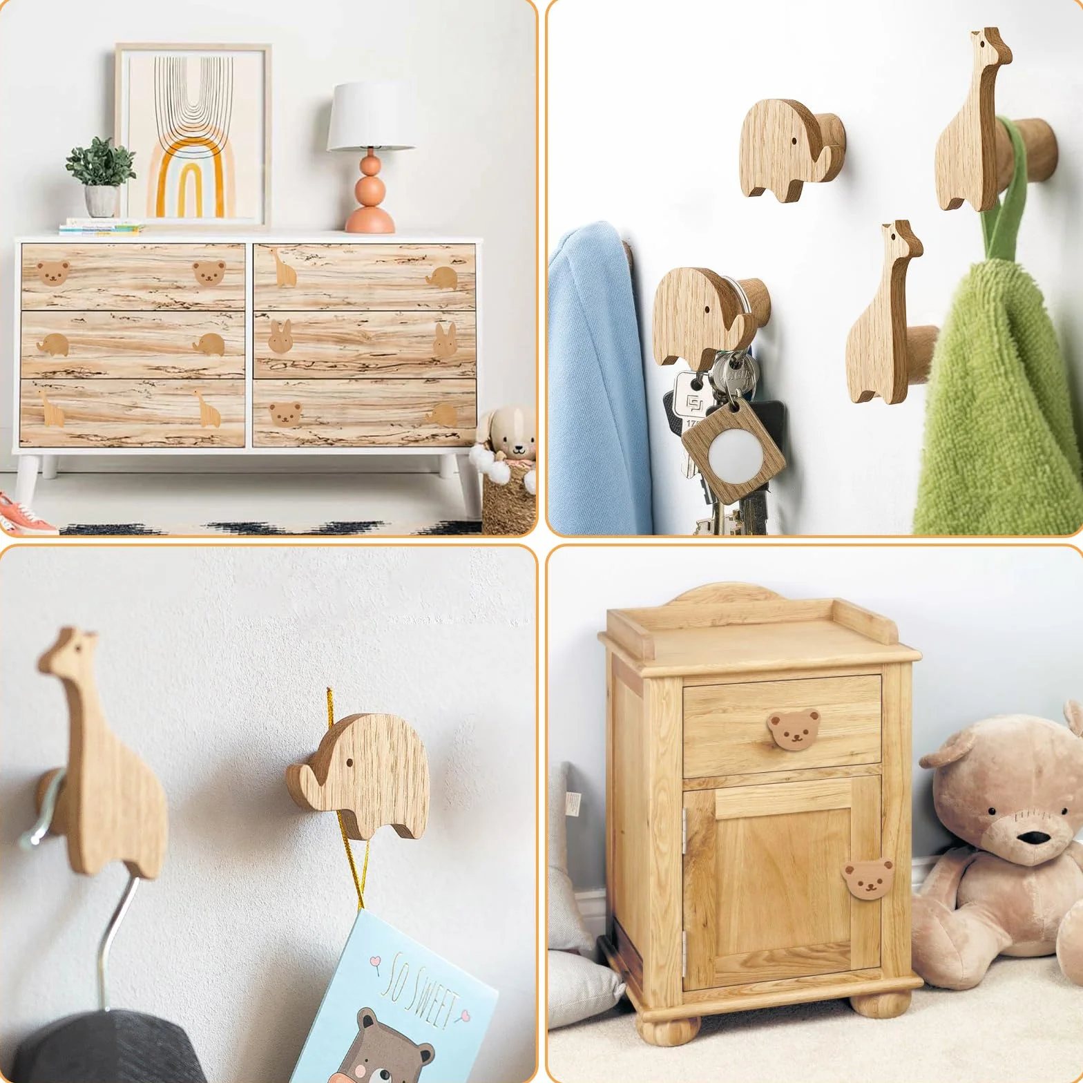 Pomelli per Mobili Bambini, 4 pezzi Pomelli in Legno con motivi animali, Pomelli per Mobili in Legno con Viti, Pomelli per Mobili Bambini Animali, Maniglie Armadio Cameretta, Mobili, Cassetti